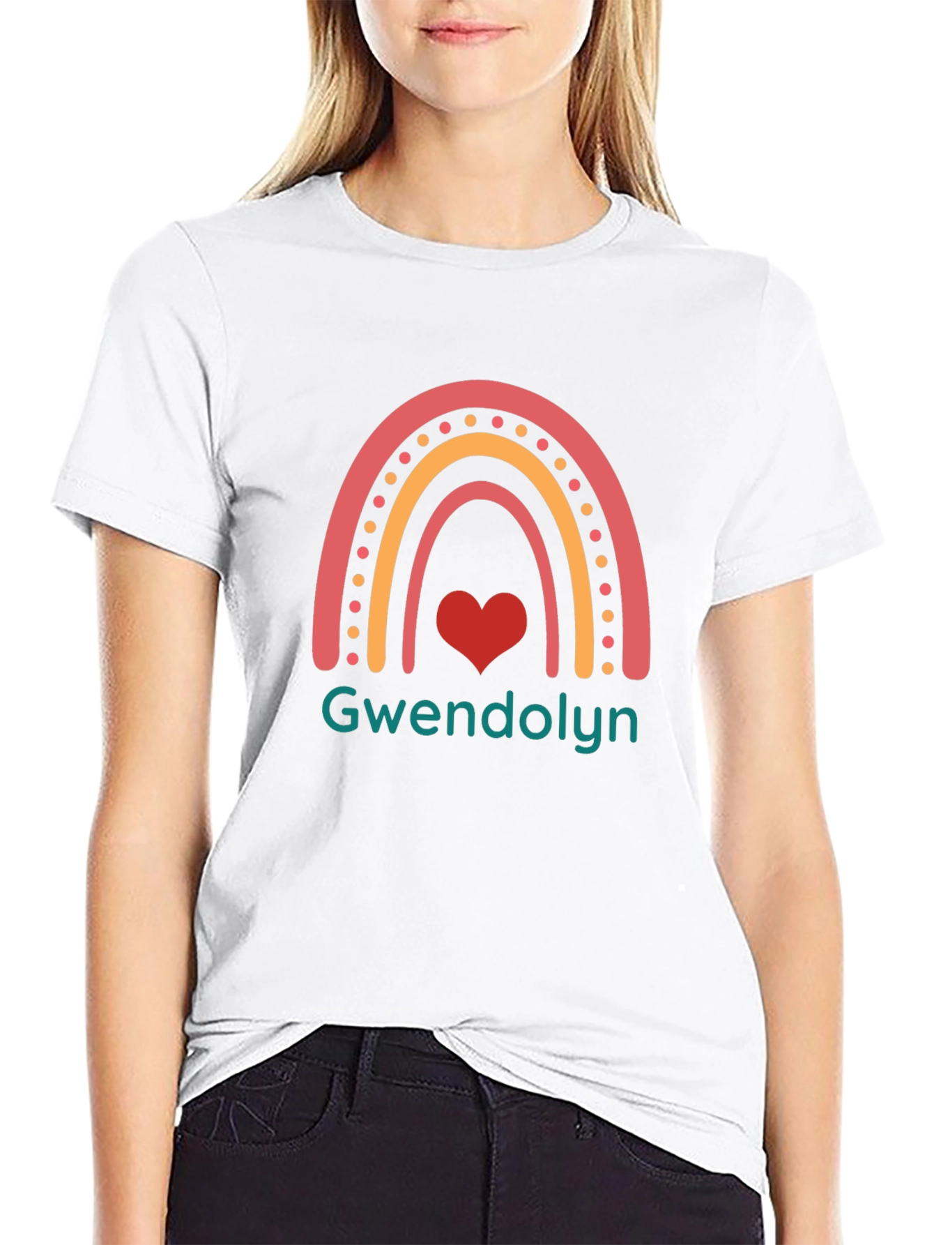 Gwendolyn Rainbow Heart Personalized Black T-Shirt