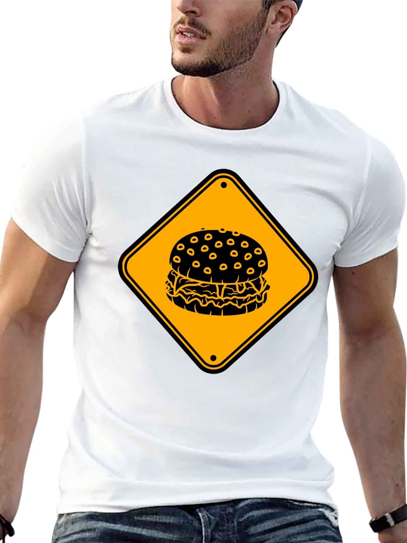 Burger Warning Sign Graphic Tee - Unisex Black T-Shirt
