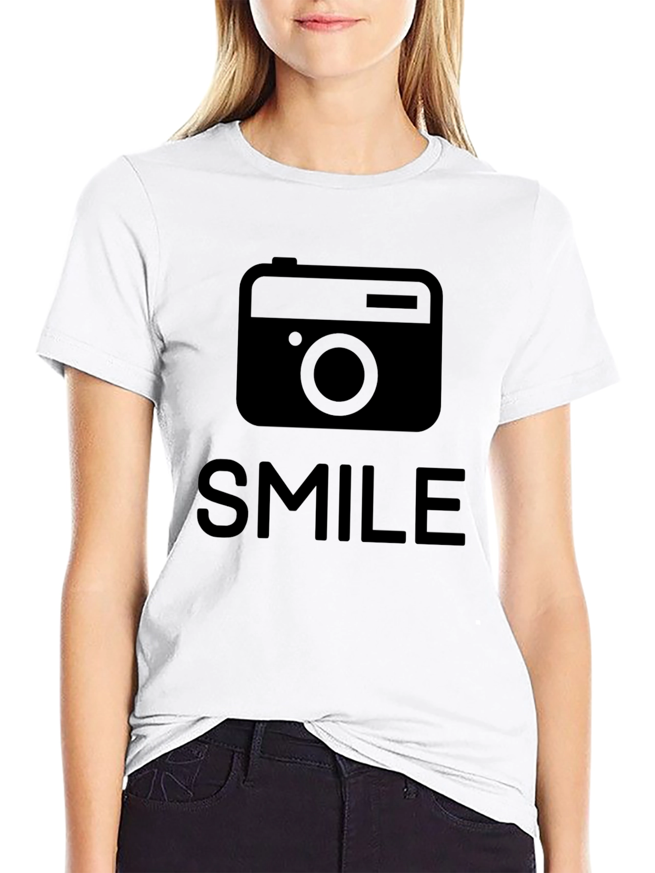 Smile Camera Graphic T-Shirt - Black Crew Neck Tee