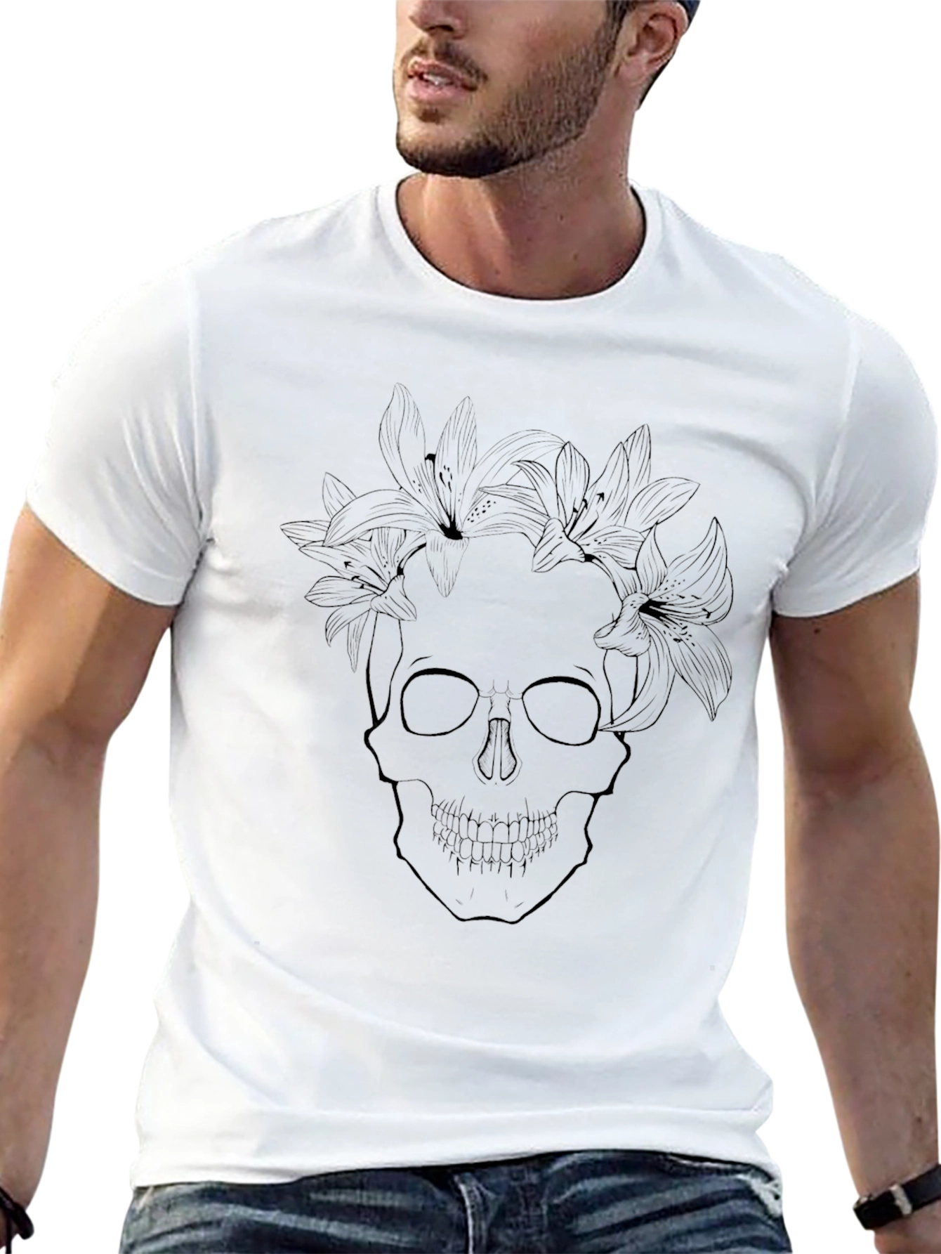 Floral Skull Graphic Tee - Stylish Black T-Shirt