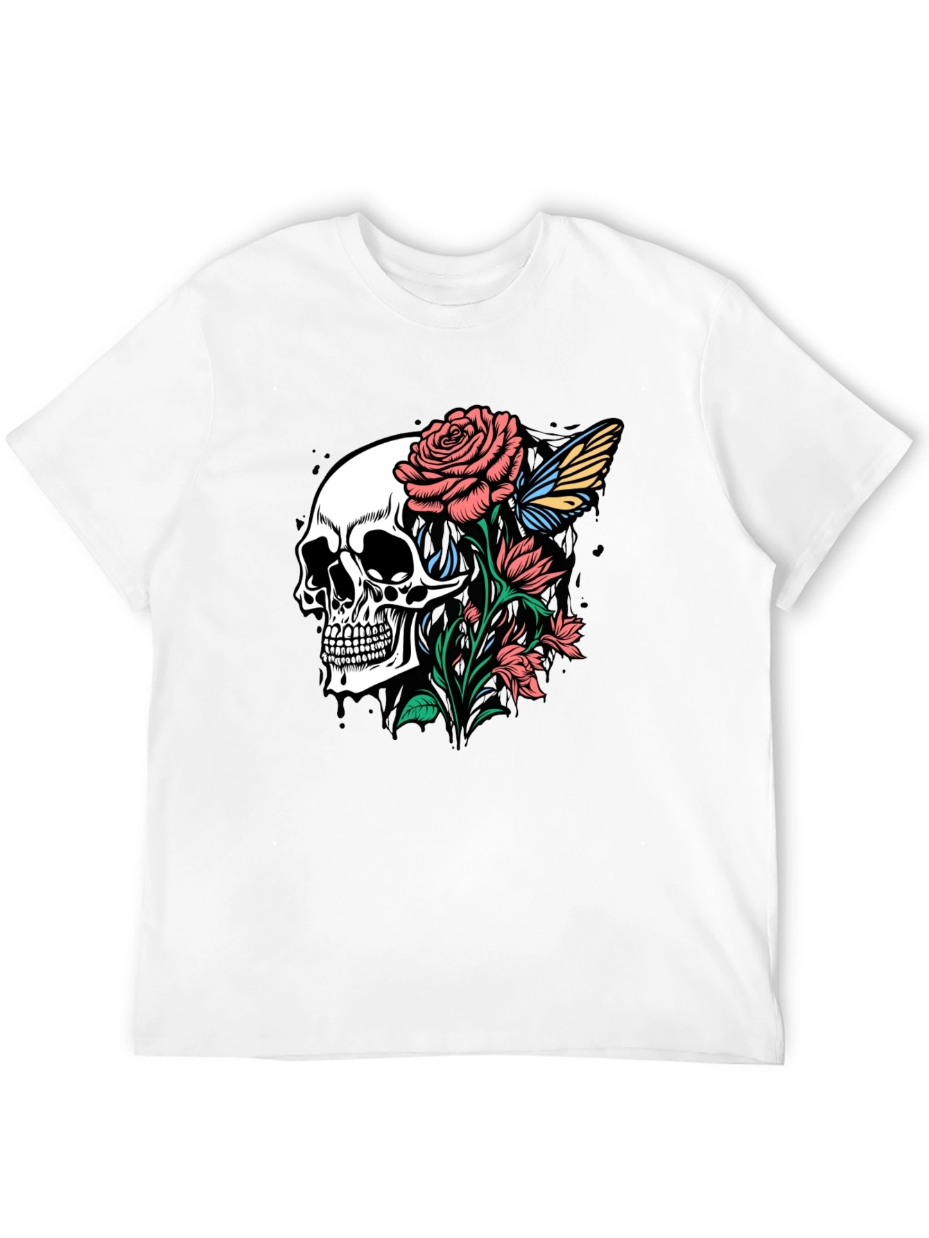 Skull and Roses Graphic Print Black T-Shirt
