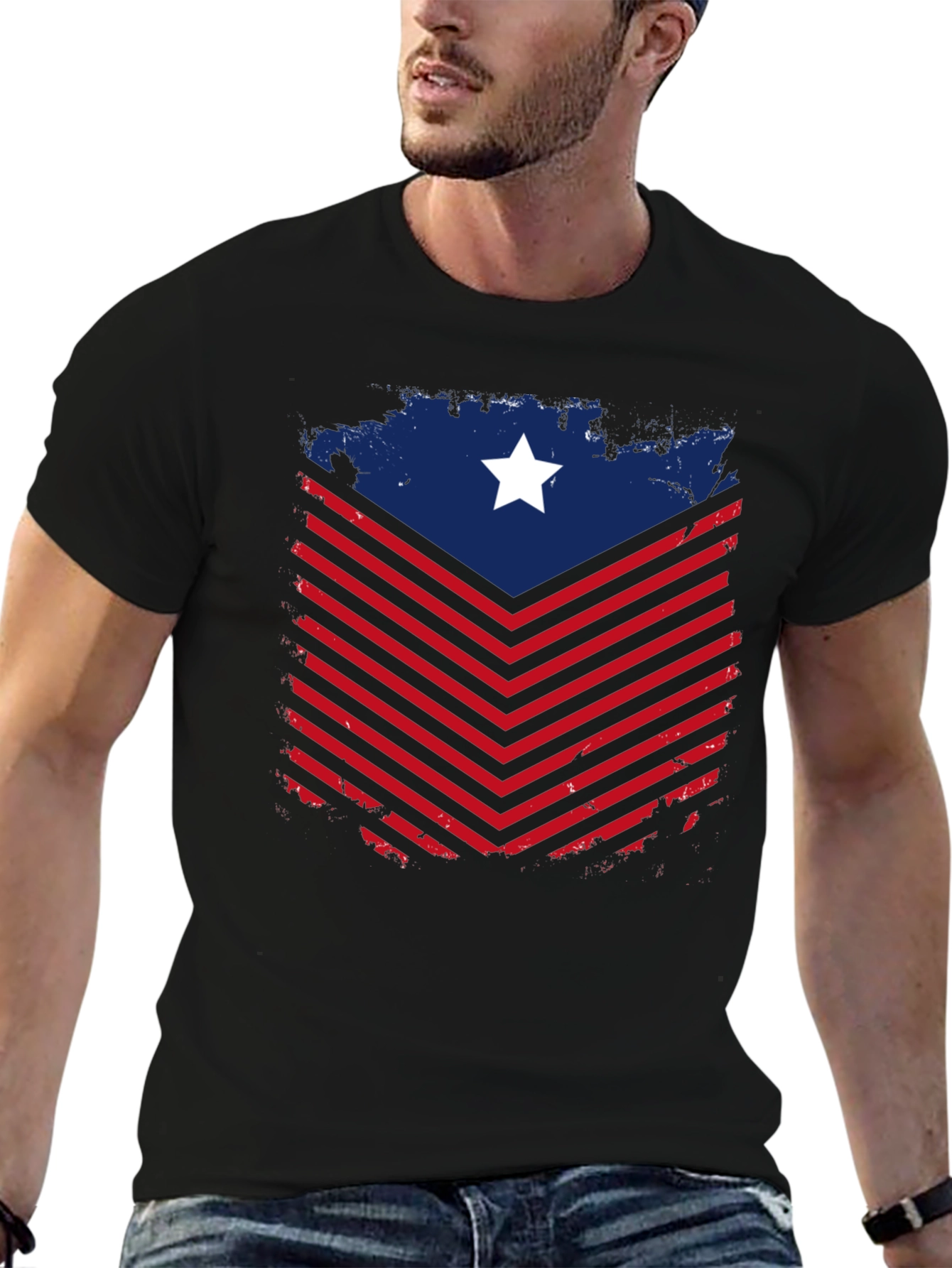 Patriotic Chevron Star Graphic Tee - Black