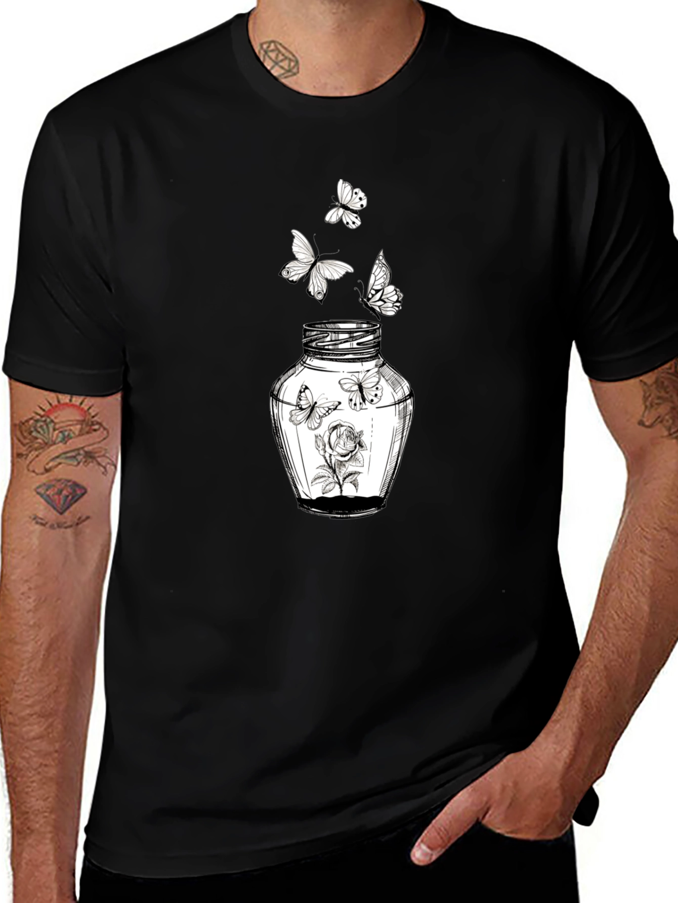 Butterfly Jar Graphic Tee - Stylish Black Cotton T-Shirt