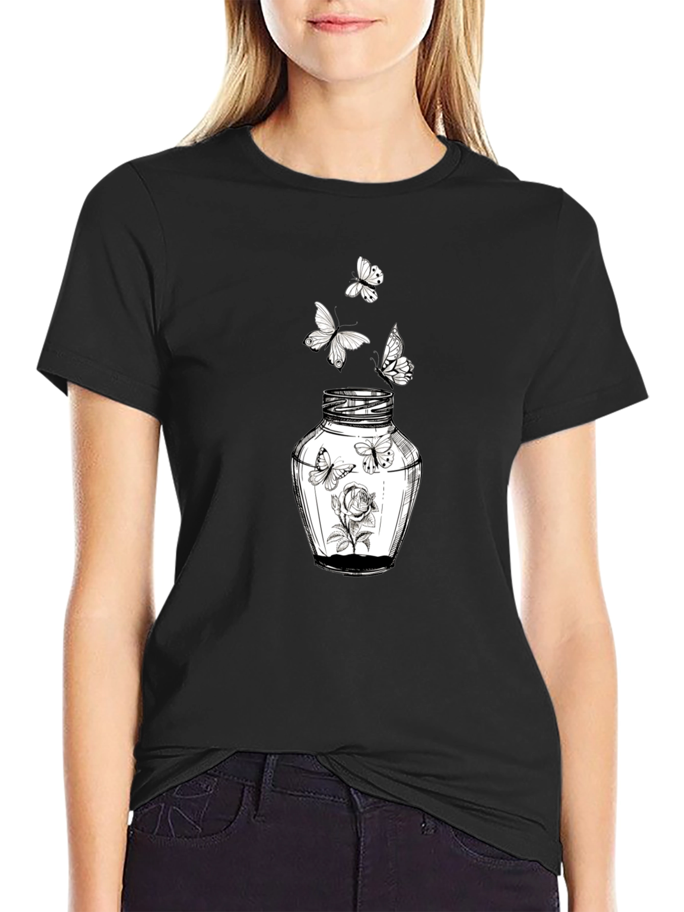 Butterfly Jar Graphic Tee - Stylish Black Cotton T-Shirt