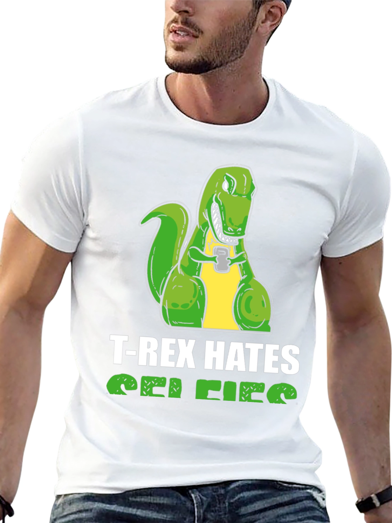 T-Rex Hates Selfies Graphic Tee - Funny Dinosaur Shirt