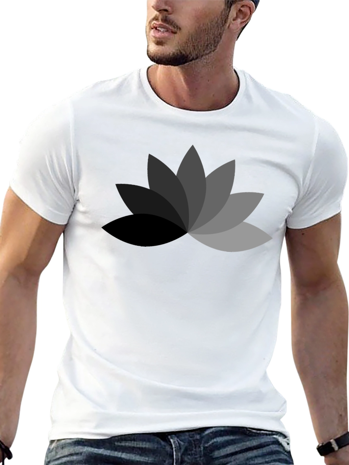 Mens Black T-Shirt with Geometric Lotus Flower Design