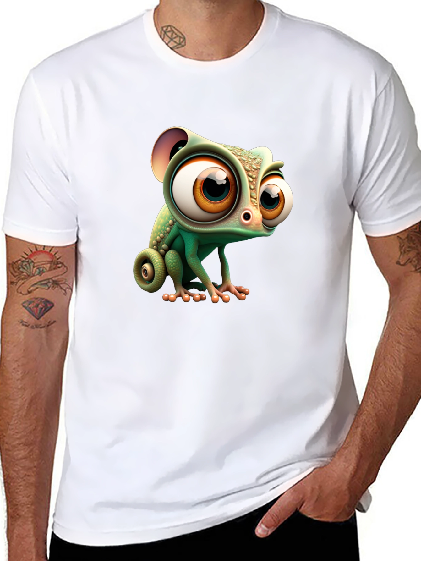 Cute Cartoon Chameleon Graphic Tee - Black