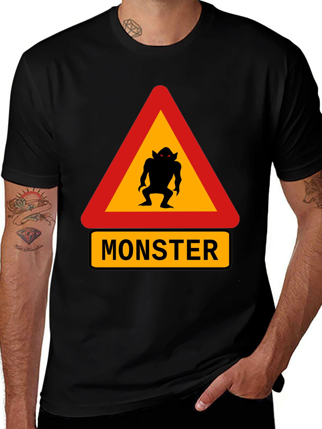 Monster Warning Sign Black T-Shirt