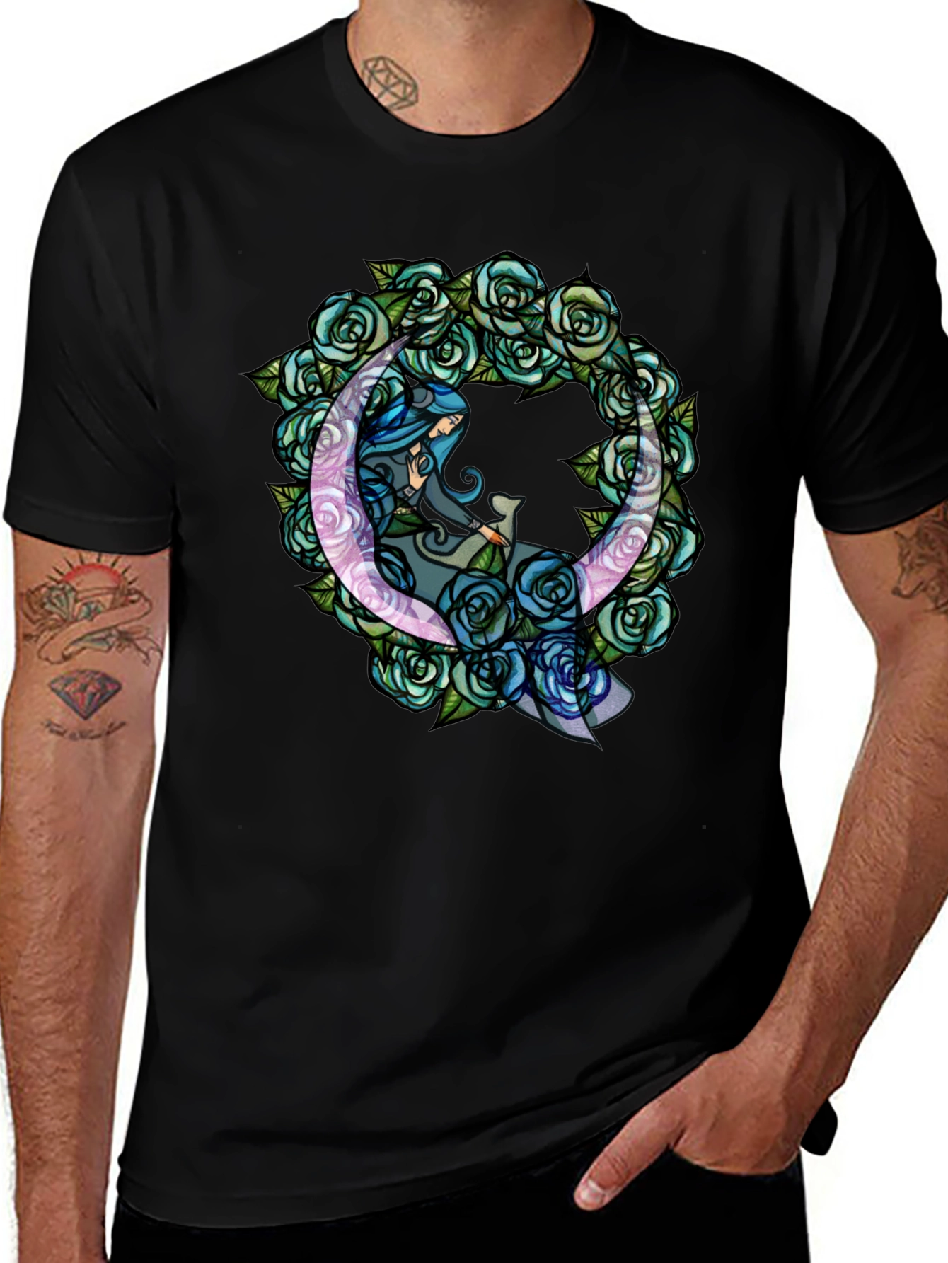 Mystic Moon & Roses Graphic T-Shirt - Black