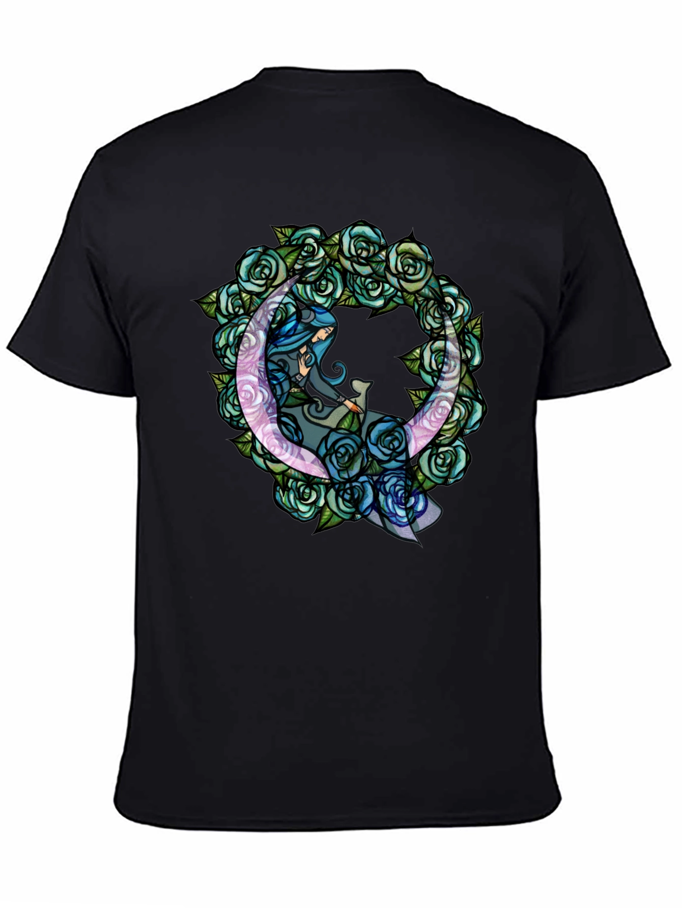 Mystic Moon & Roses Graphic T-Shirt - Black