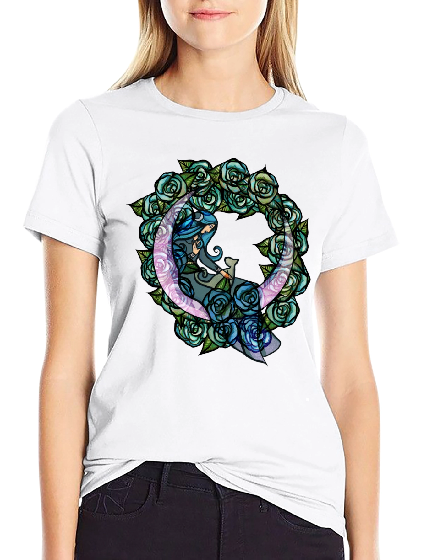 Mystic Moon & Roses Graphic T-Shirt - Black