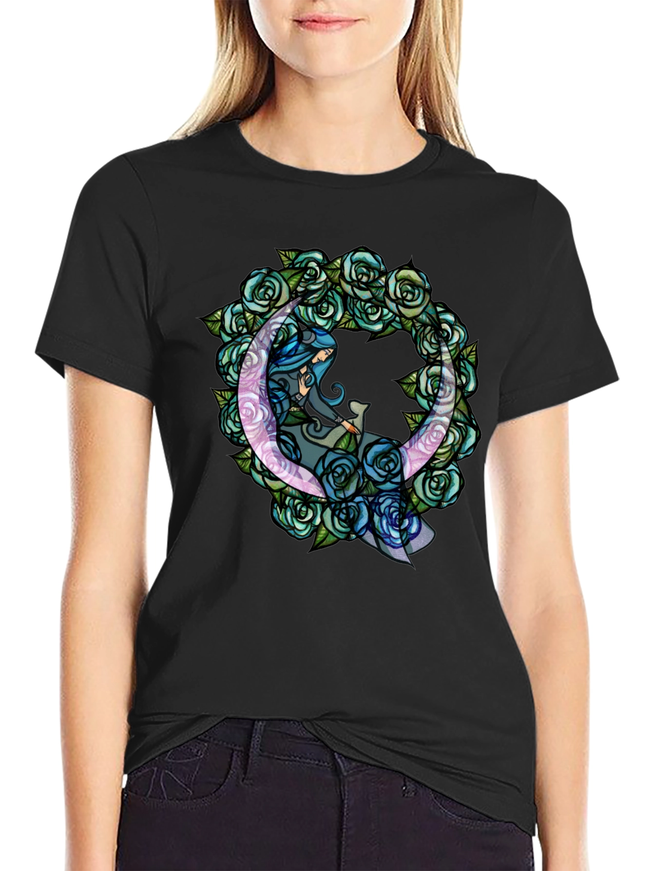 Mystic Moon & Roses Graphic T-Shirt - Black