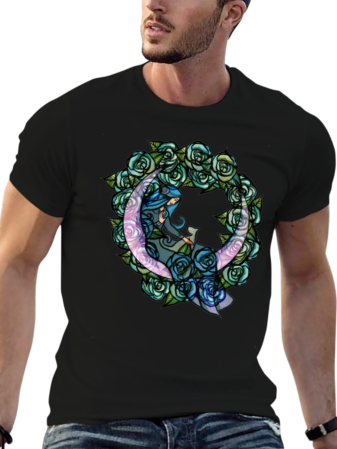 Mystic Moon & Roses Graphic T-Shirt - Black