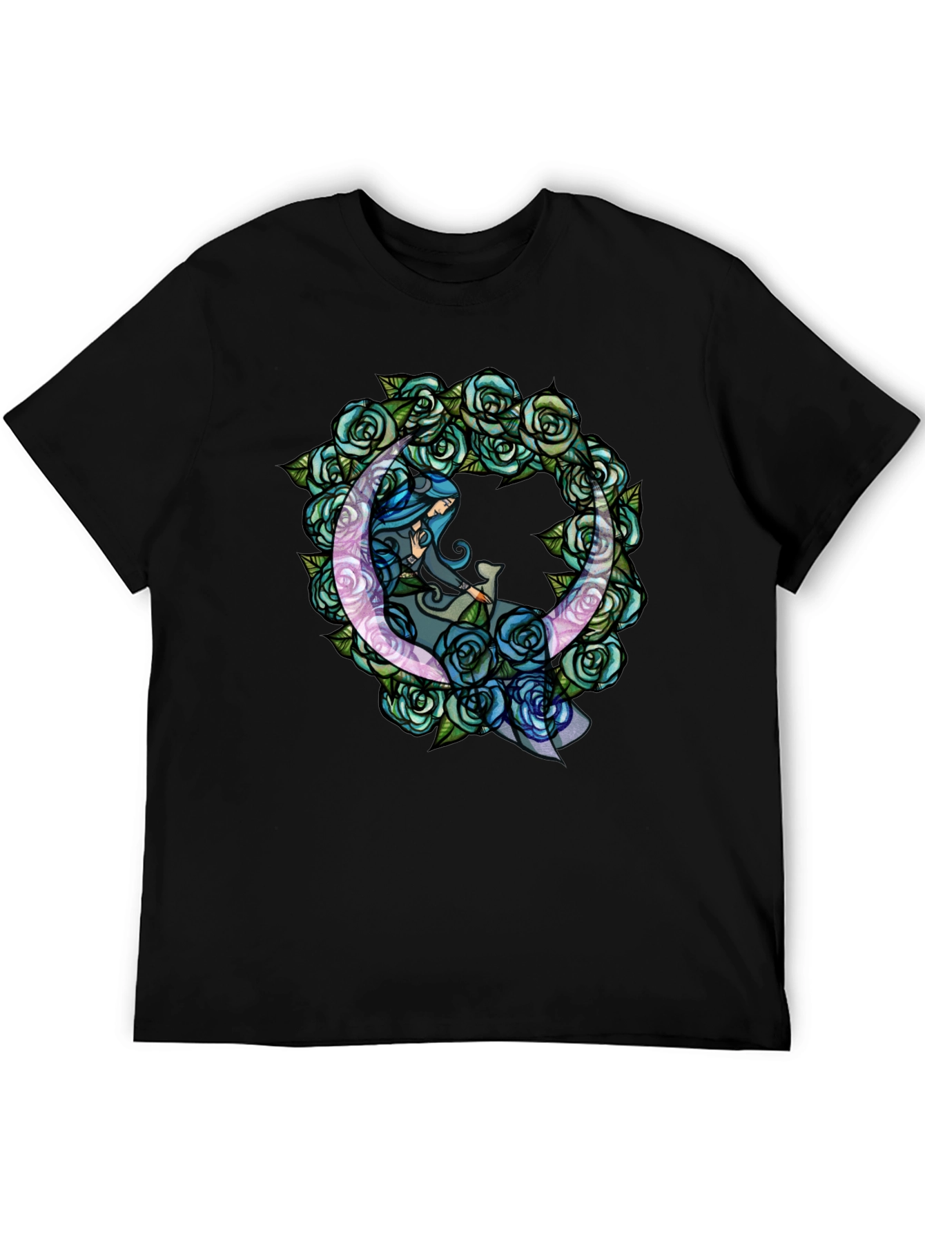 Mystic Moon & Roses Graphic T-Shirt - Black