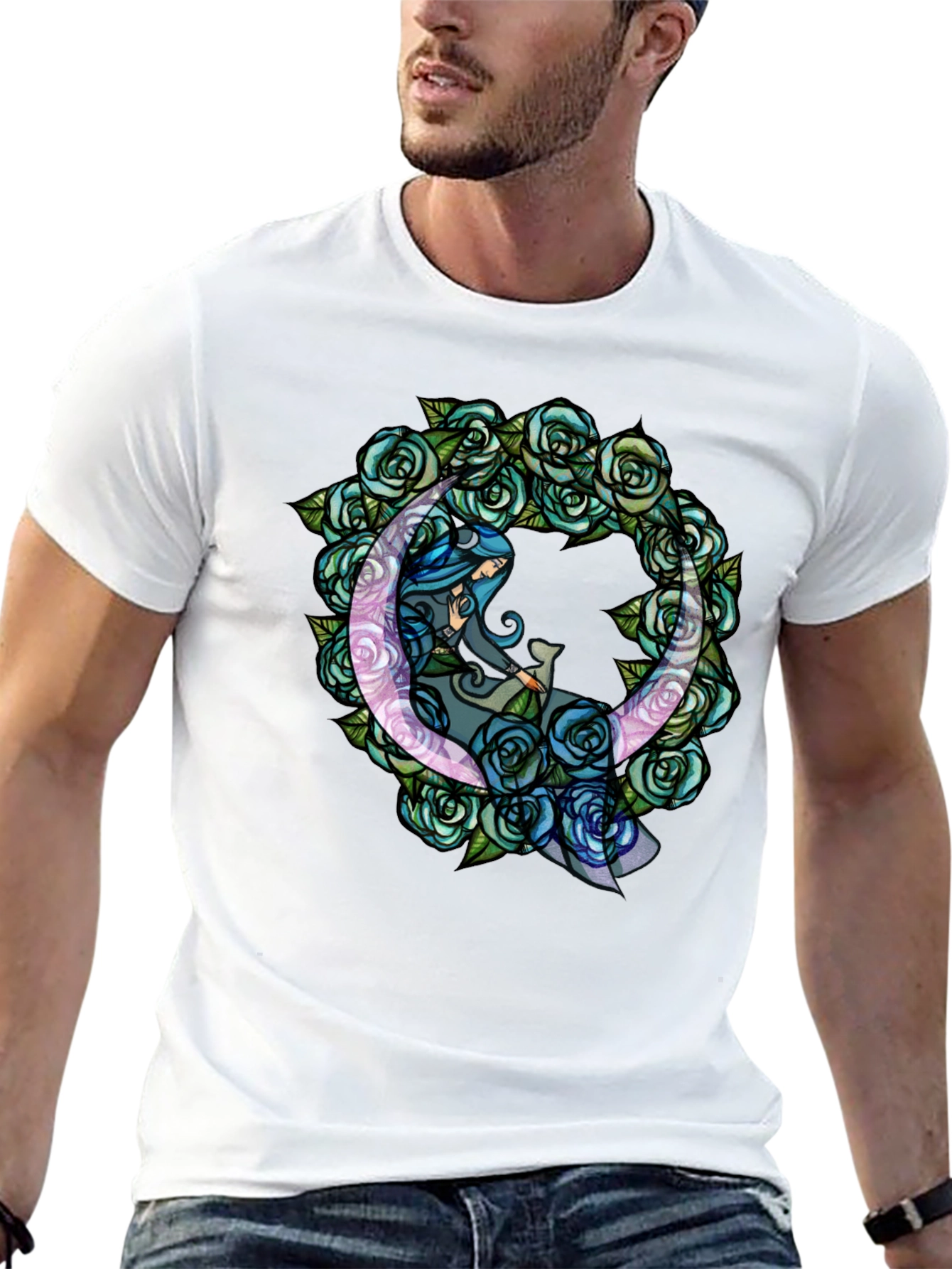 Mystic Moon & Roses Graphic T-Shirt - Black