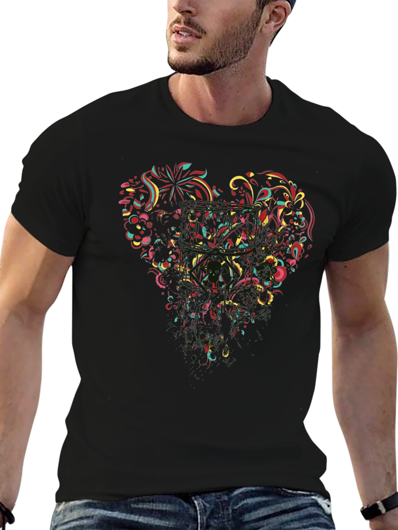 Black T-Shirt with Abstract Heart Design