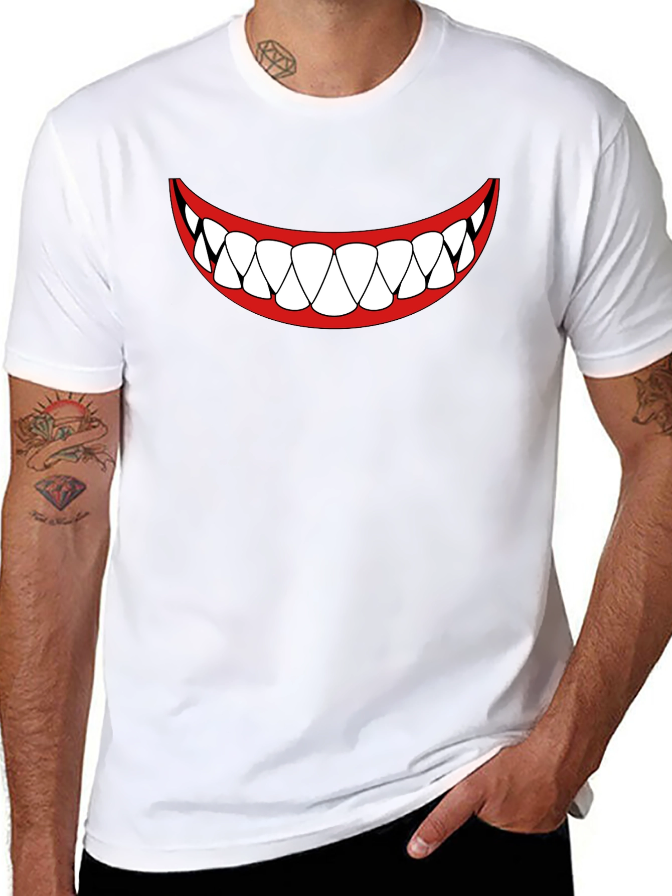 Mens Black T-Shirt - Cartoon Teeth Smile Design