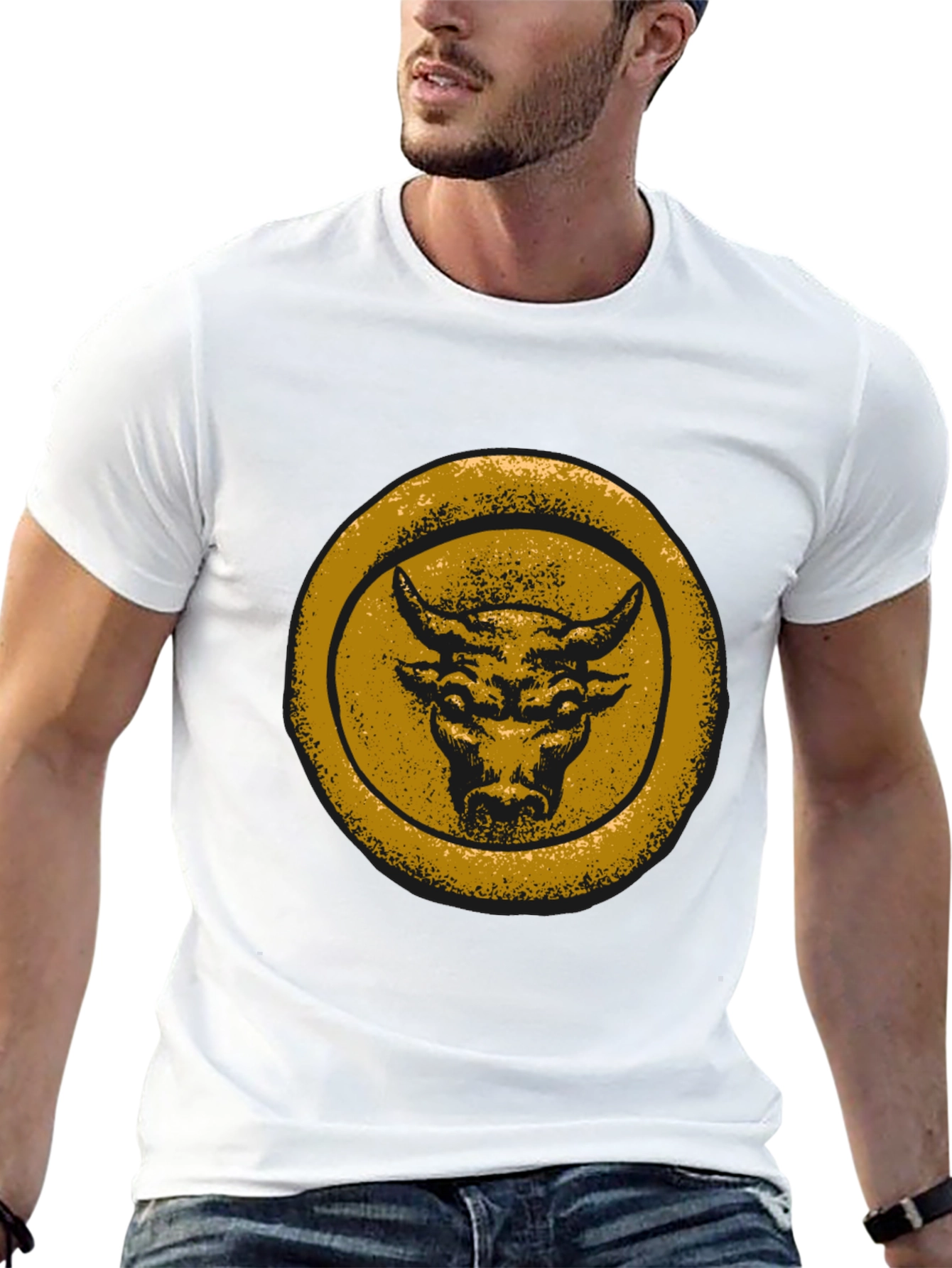 Bull Graphic Tee - Distressed Gold Print on Black