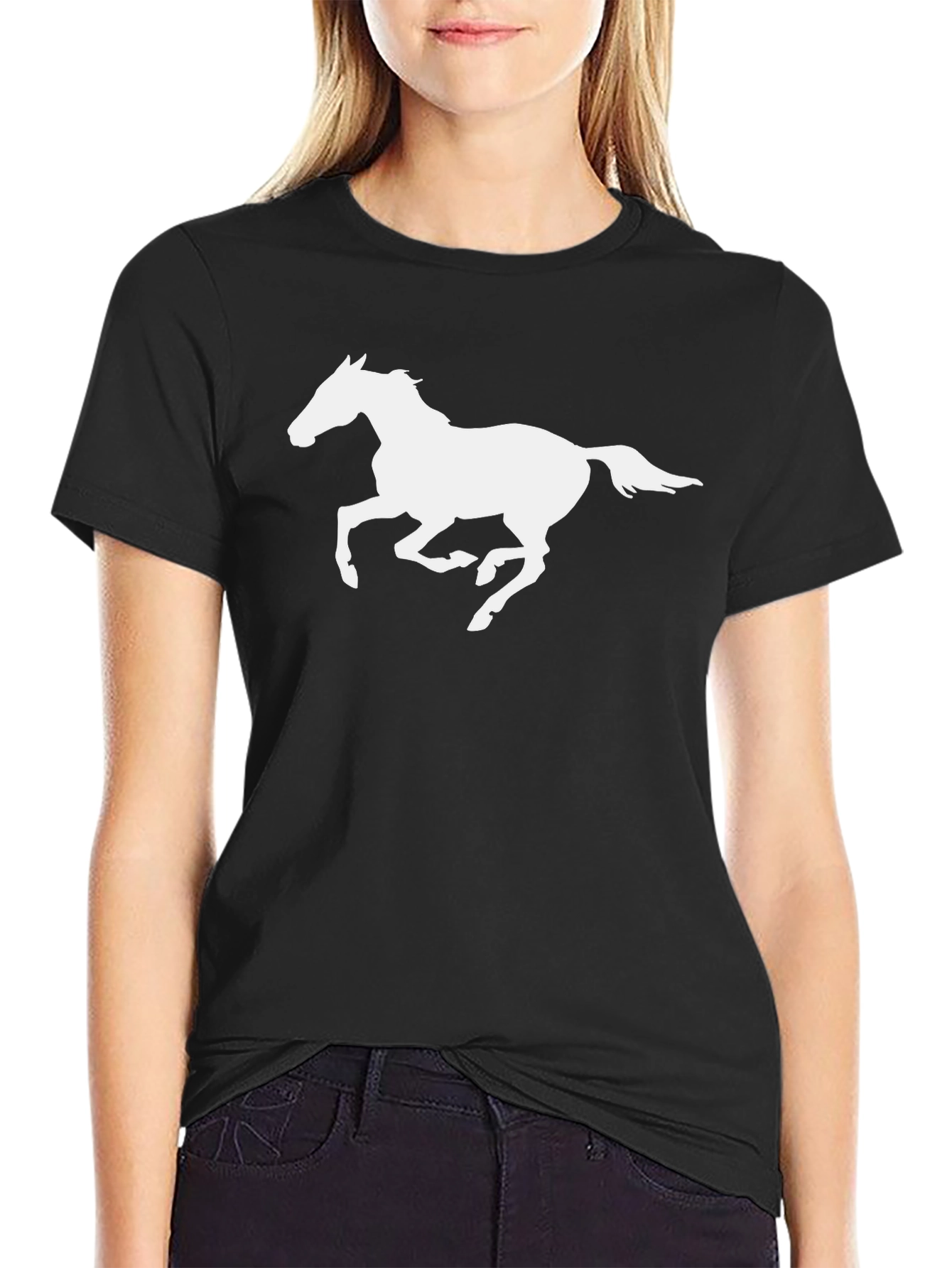 Black T-Shirt with White Horse Graphic