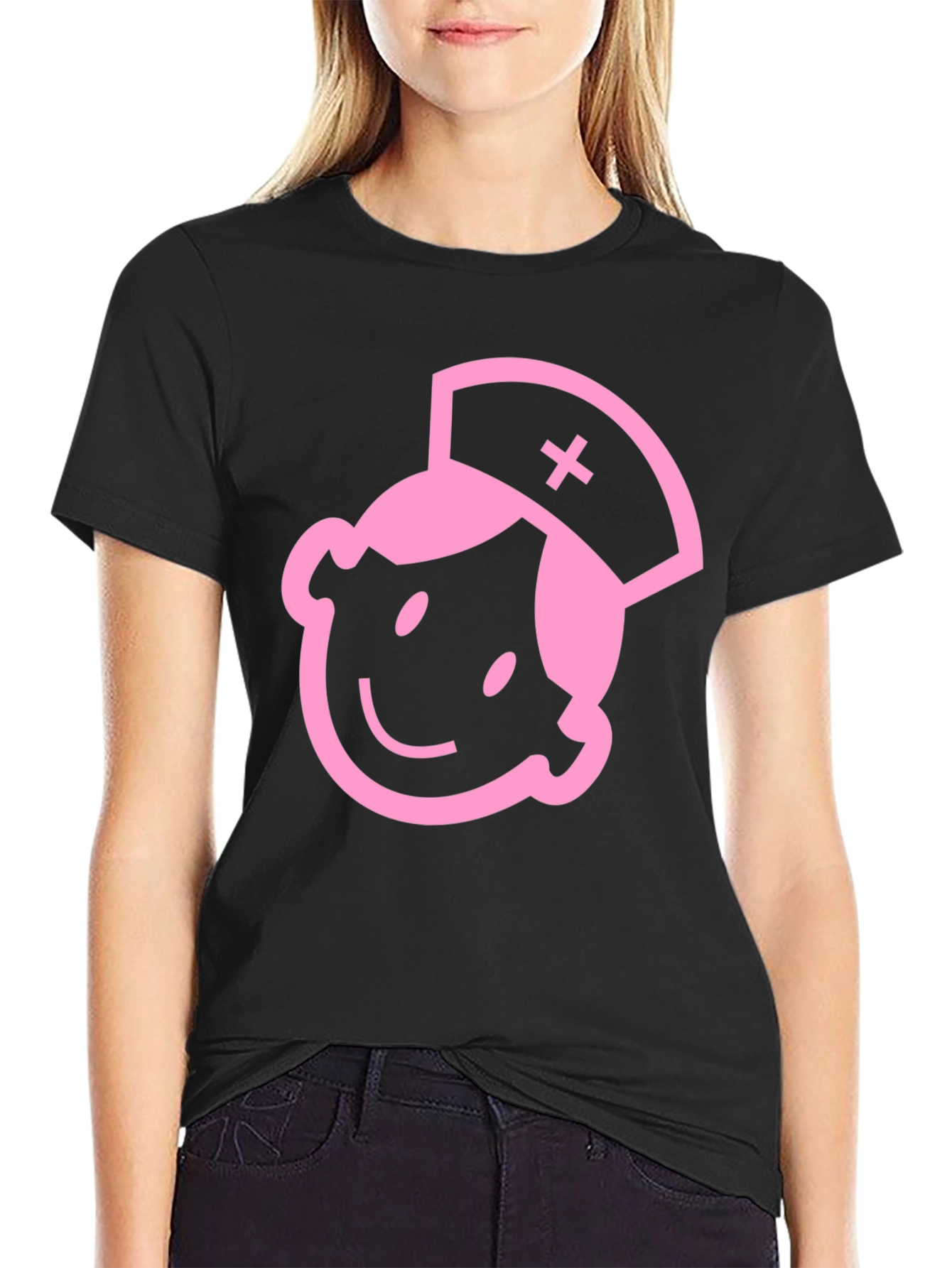 Pink Nurse Graphic Black Cotton T-Shirt