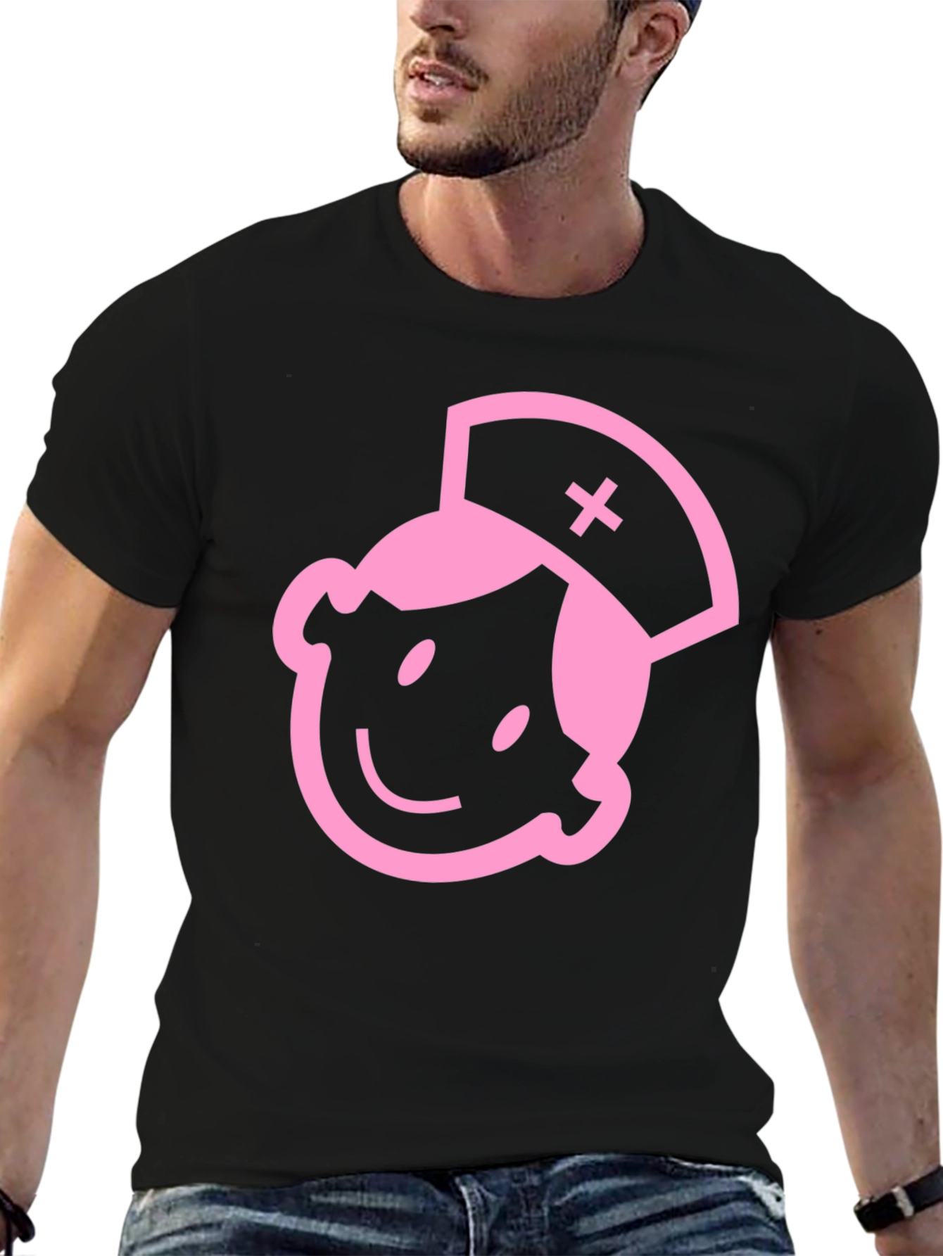 Pink Nurse Graphic Black Cotton T-Shirt