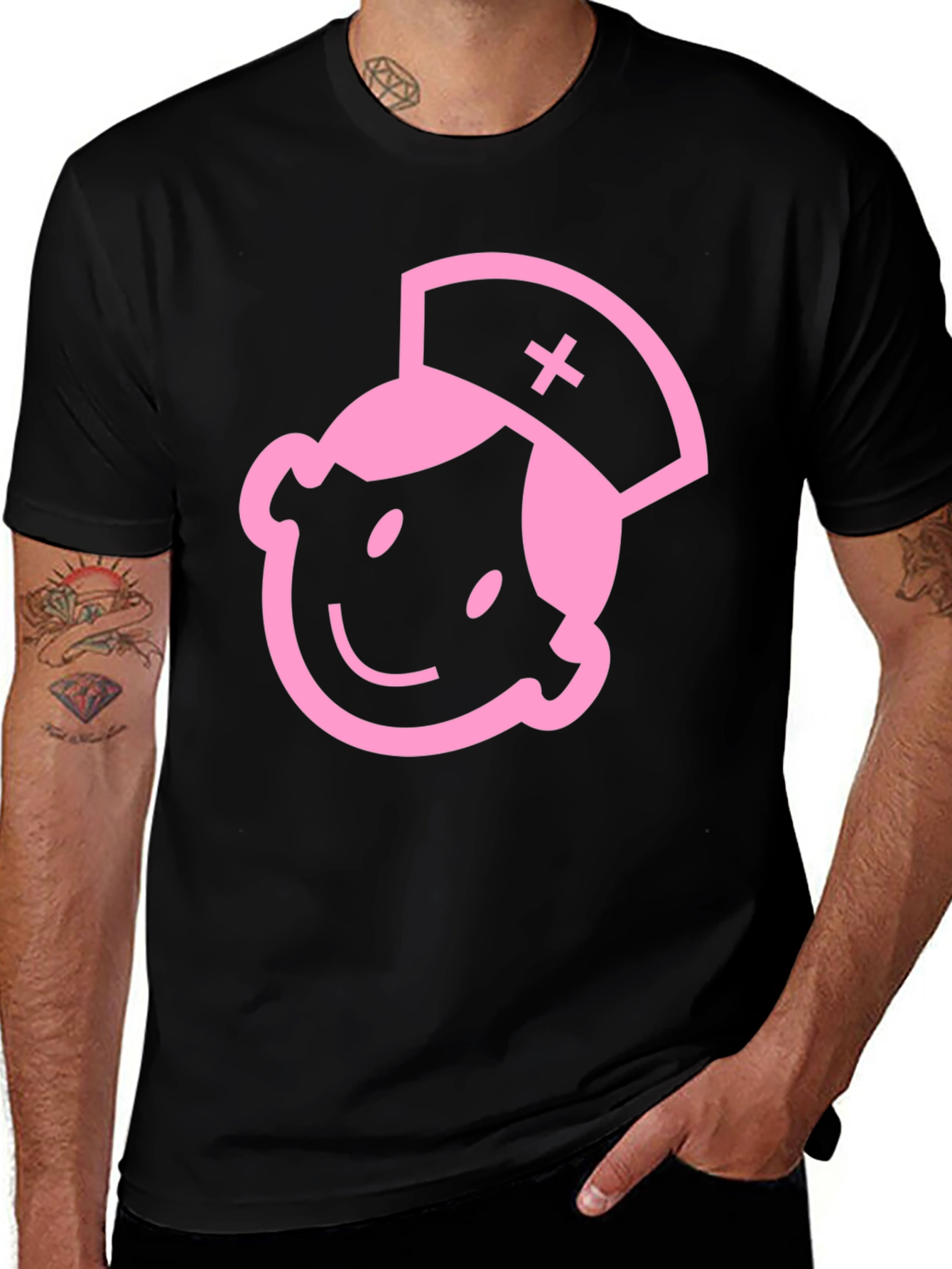 Pink Nurse Graphic Black Cotton T-Shirt