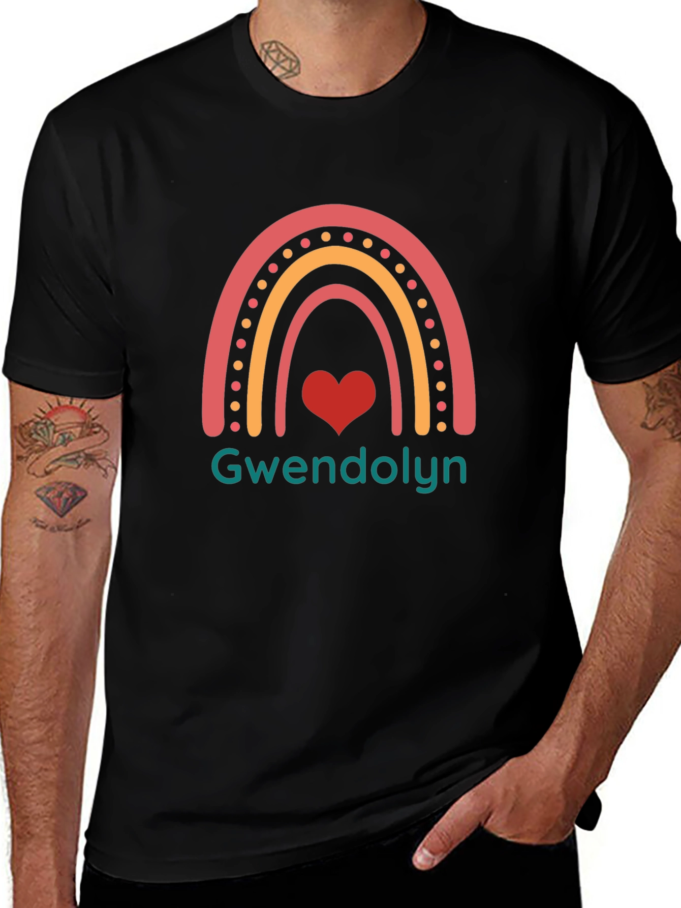 Gwendolyn Rainbow Heart Personalized Black T-Shirt