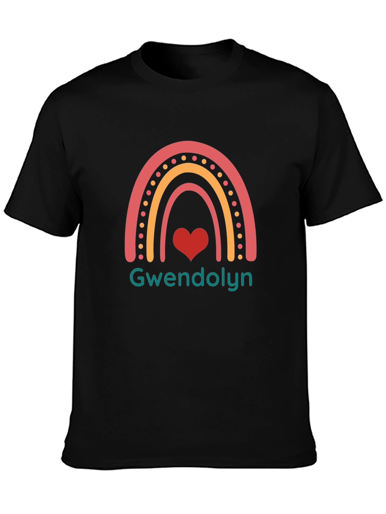 Gwendolyn Rainbow Heart Personalized Black T-Shirt