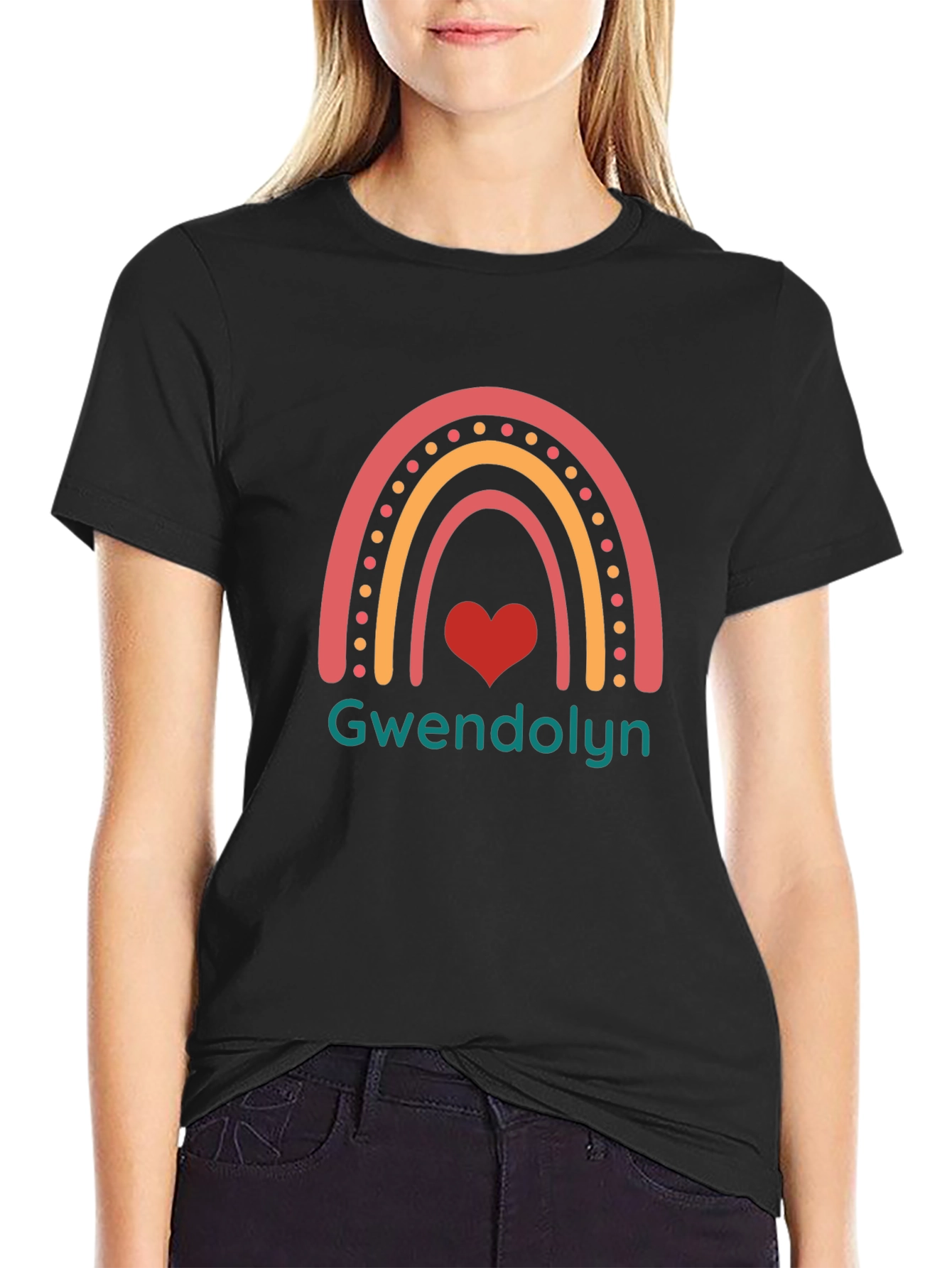 Gwendolyn Rainbow Heart Personalized Black T-Shirt