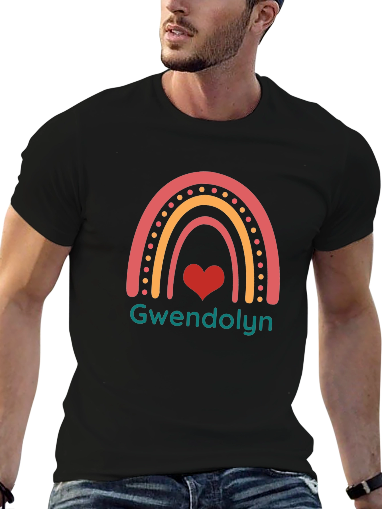 Gwendolyn Rainbow Heart Personalized Black T-Shirt