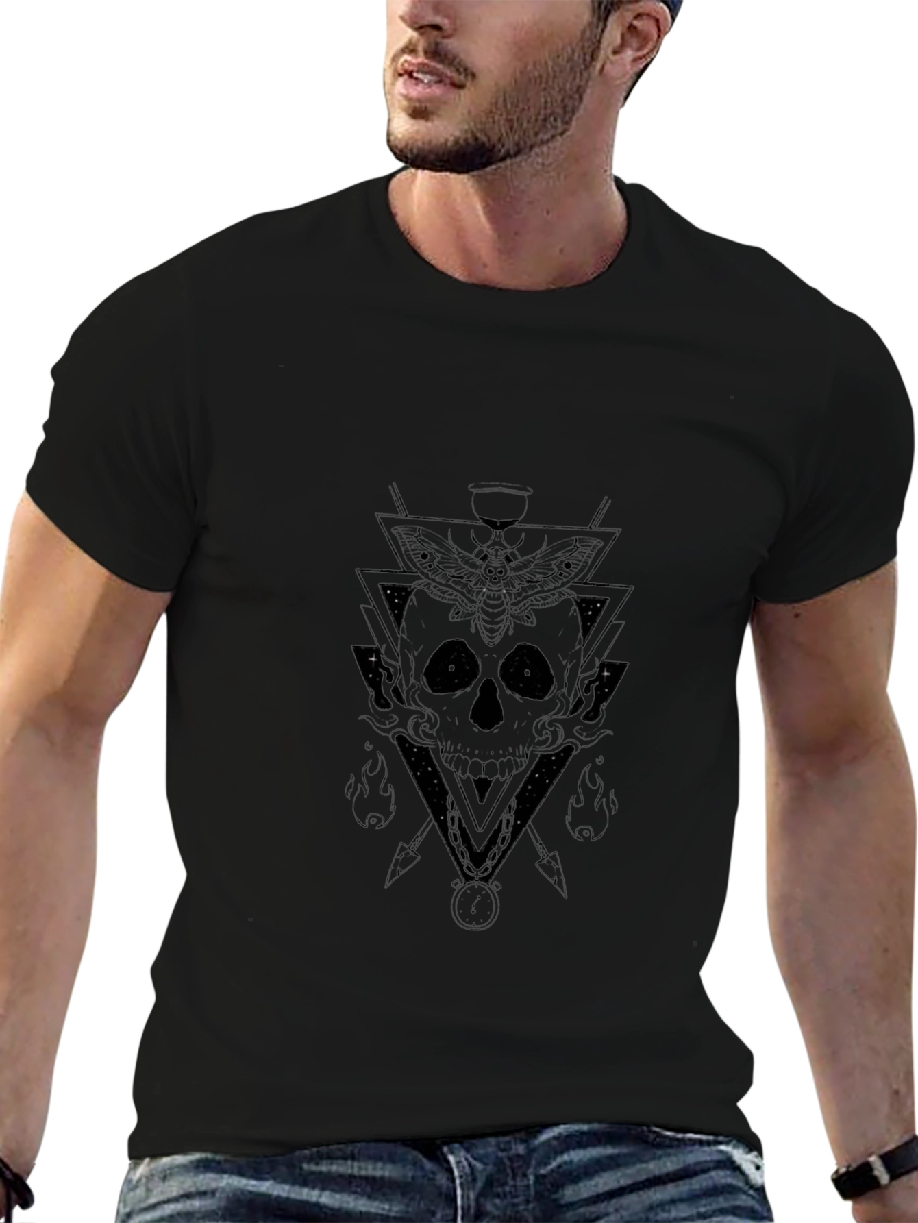 Geometric Skull Graphic Tee - Black Cotton Shirt