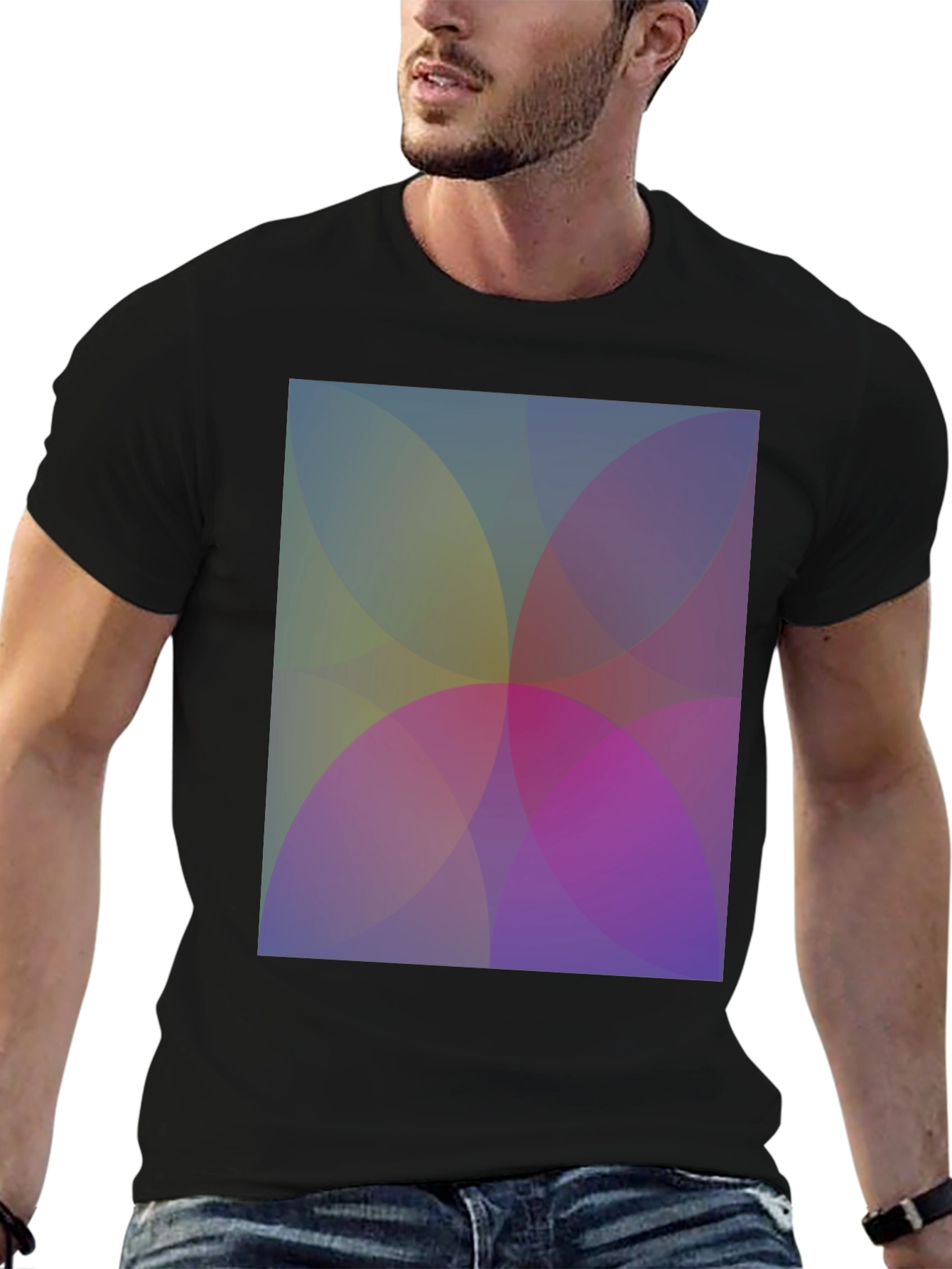 Abstract Overlapping Circles Graphic Black T-Shirt