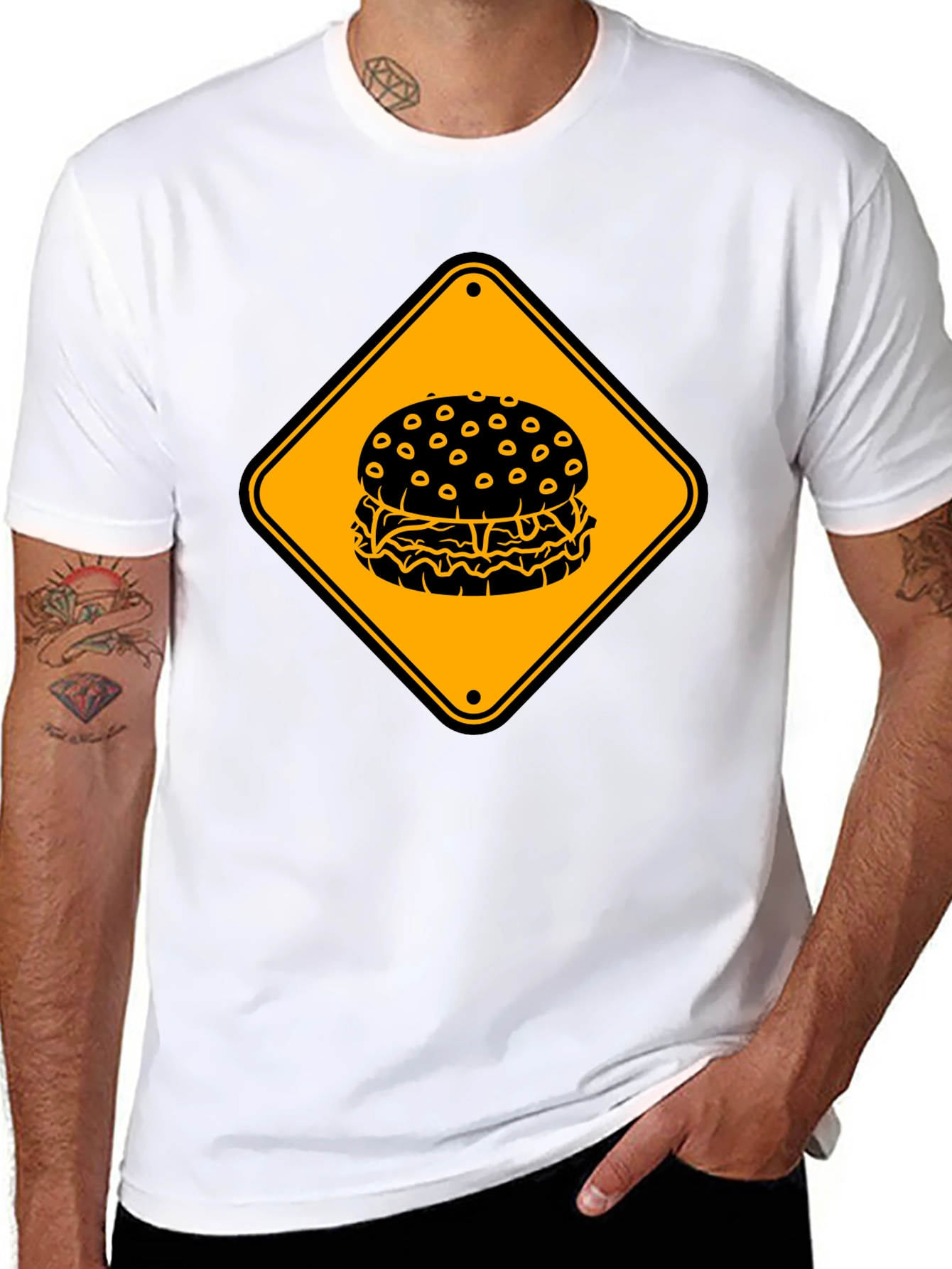 Burger Warning Sign Graphic Tee - Unisex Black T-Shirt