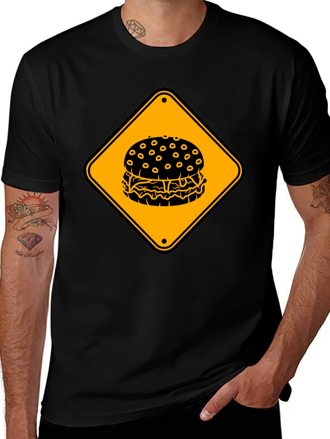 Burger Warning Sign Graphic Tee - Unisex Black T-Shirt
