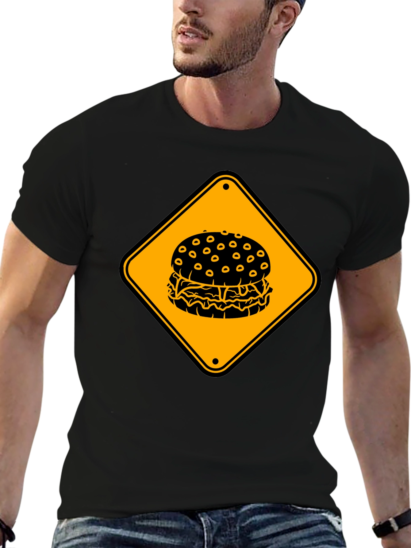 Burger Warning Sign Graphic Tee - Unisex Black T-Shirt