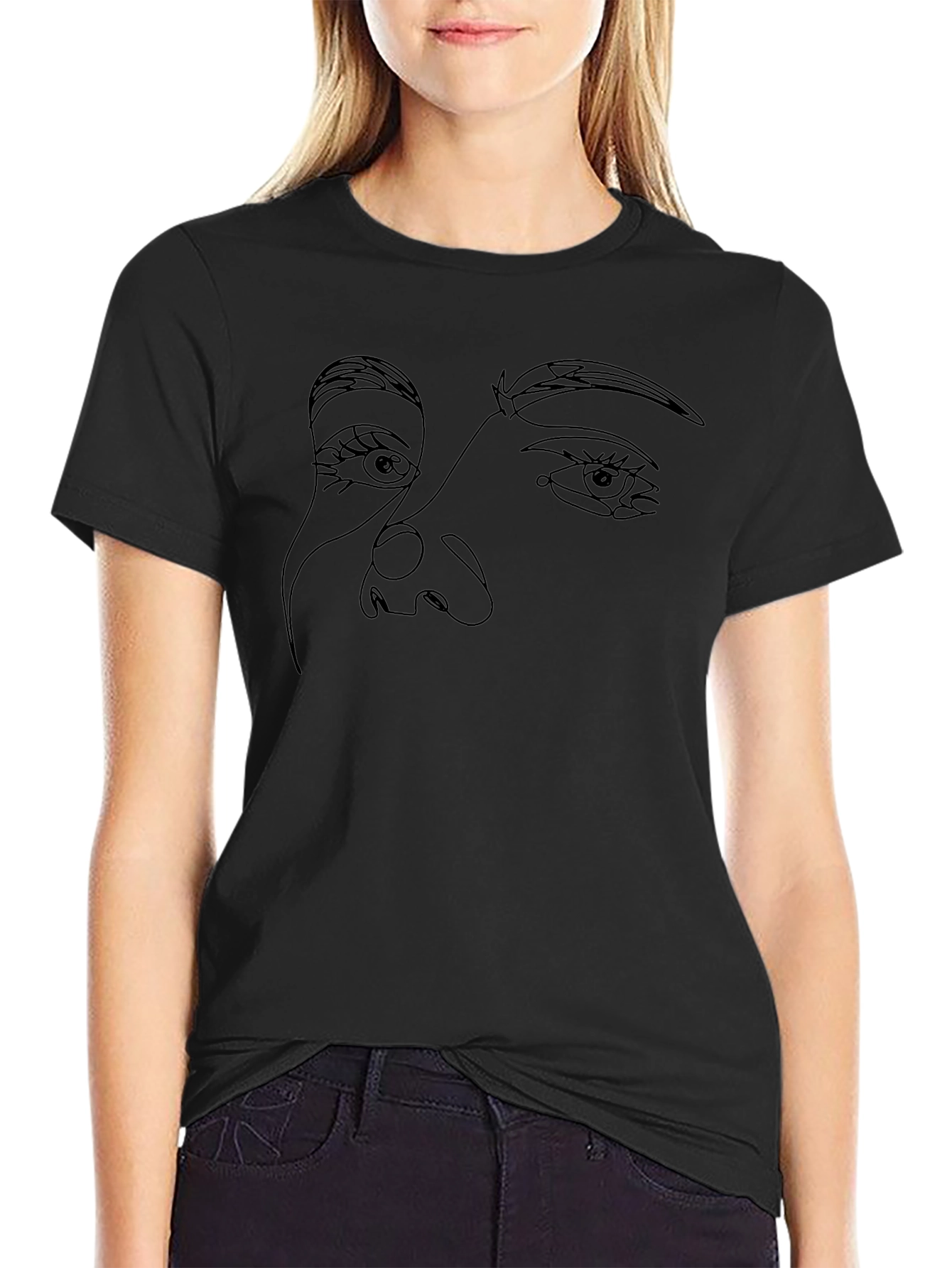 Abstract Face Line Art Graphic Black T-Shirt