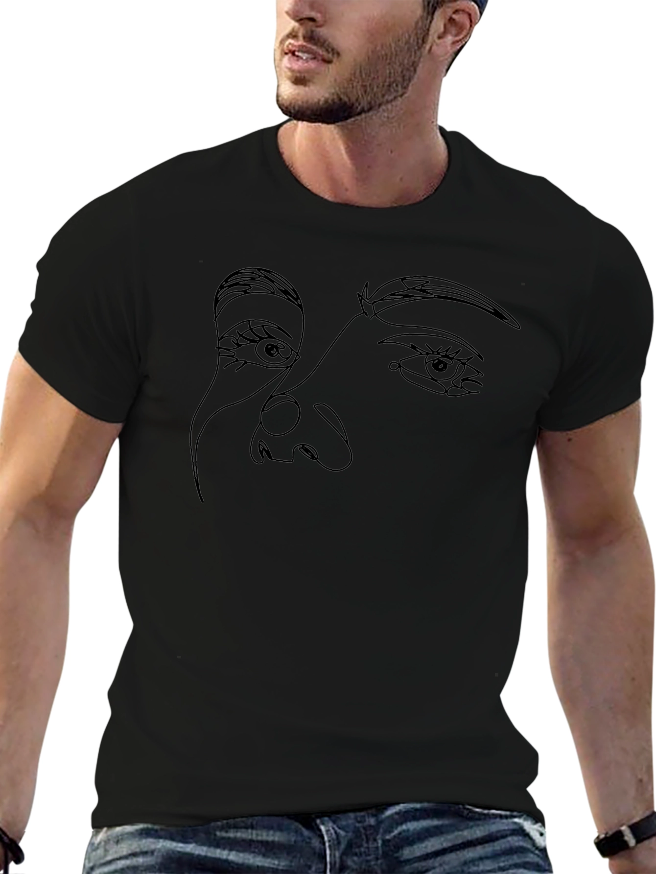 Abstract Face Line Art Graphic Black T-Shirt