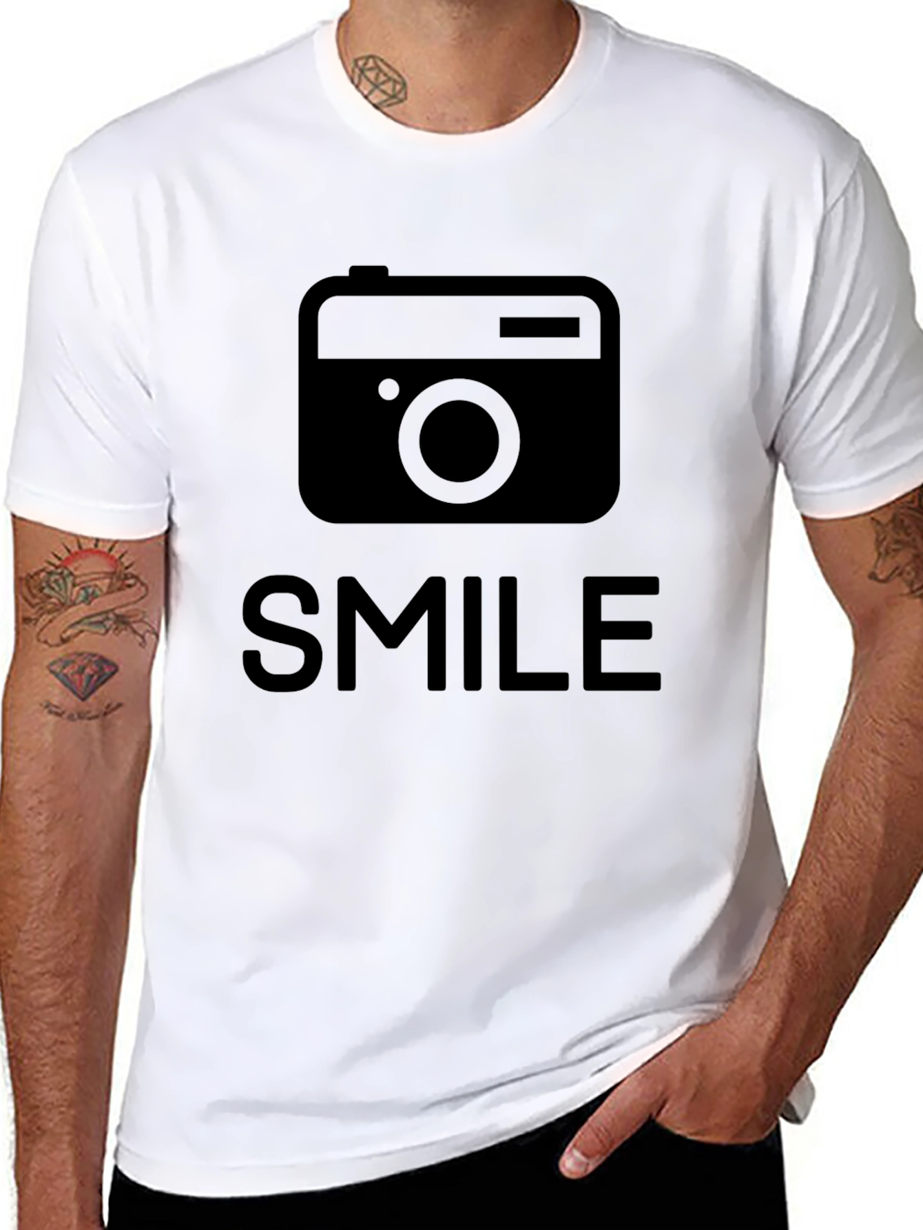 Smile Camera Graphic T-Shirt - Black Crew Neck Tee
