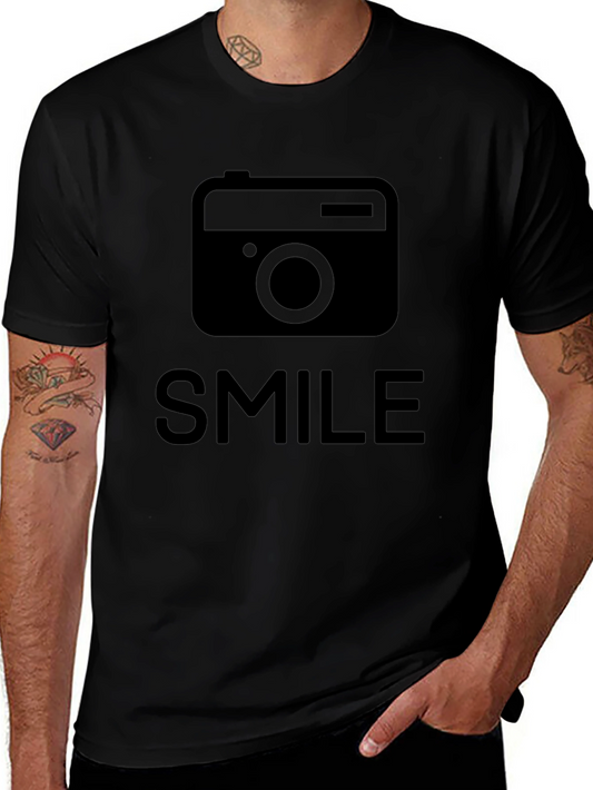 Smile Camera Graphic T-Shirt - Black Crew Neck Tee