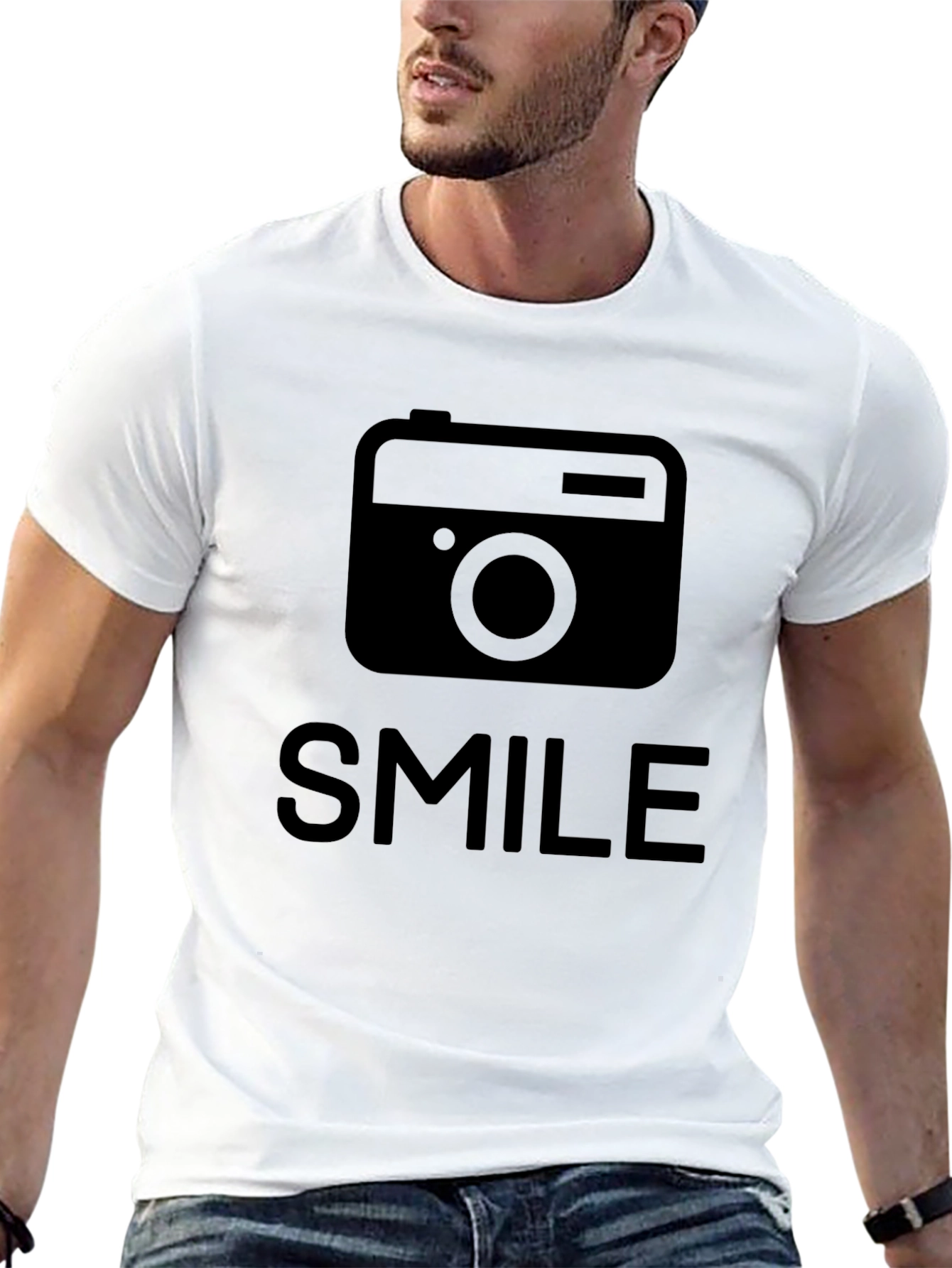 Smile Camera Graphic T-Shirt - Black Crew Neck Tee