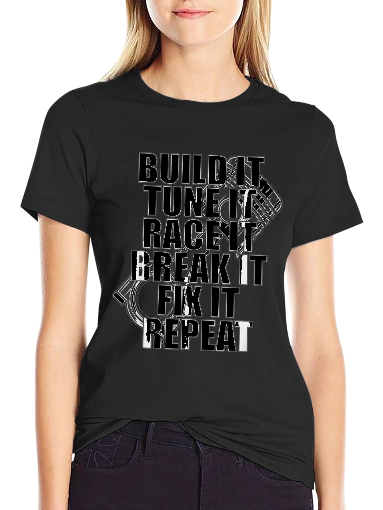 Build Tune Race Break Fix Repeat Black Graphic Tee