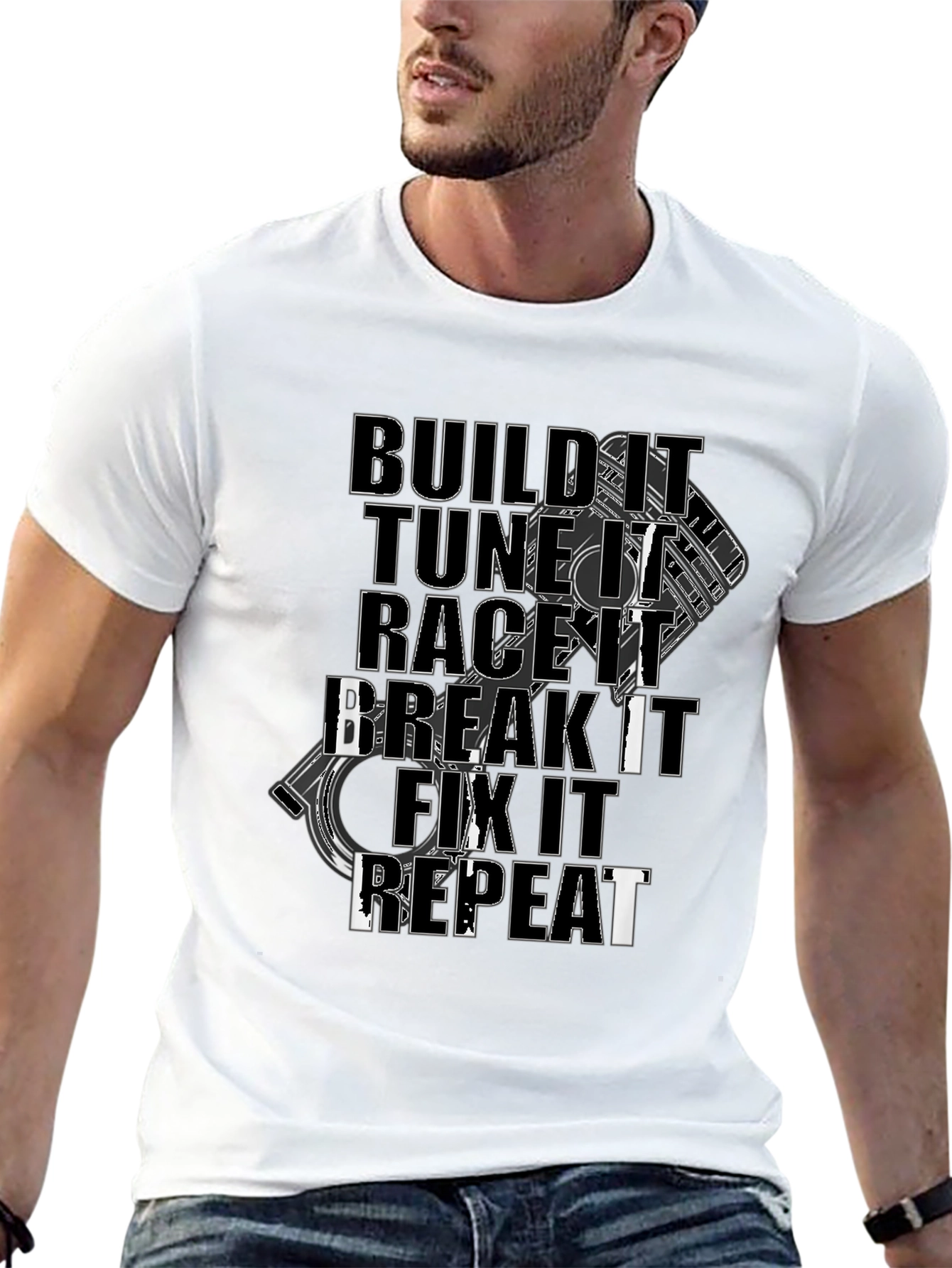 Build Tune Race Break Fix Repeat Black Graphic Tee