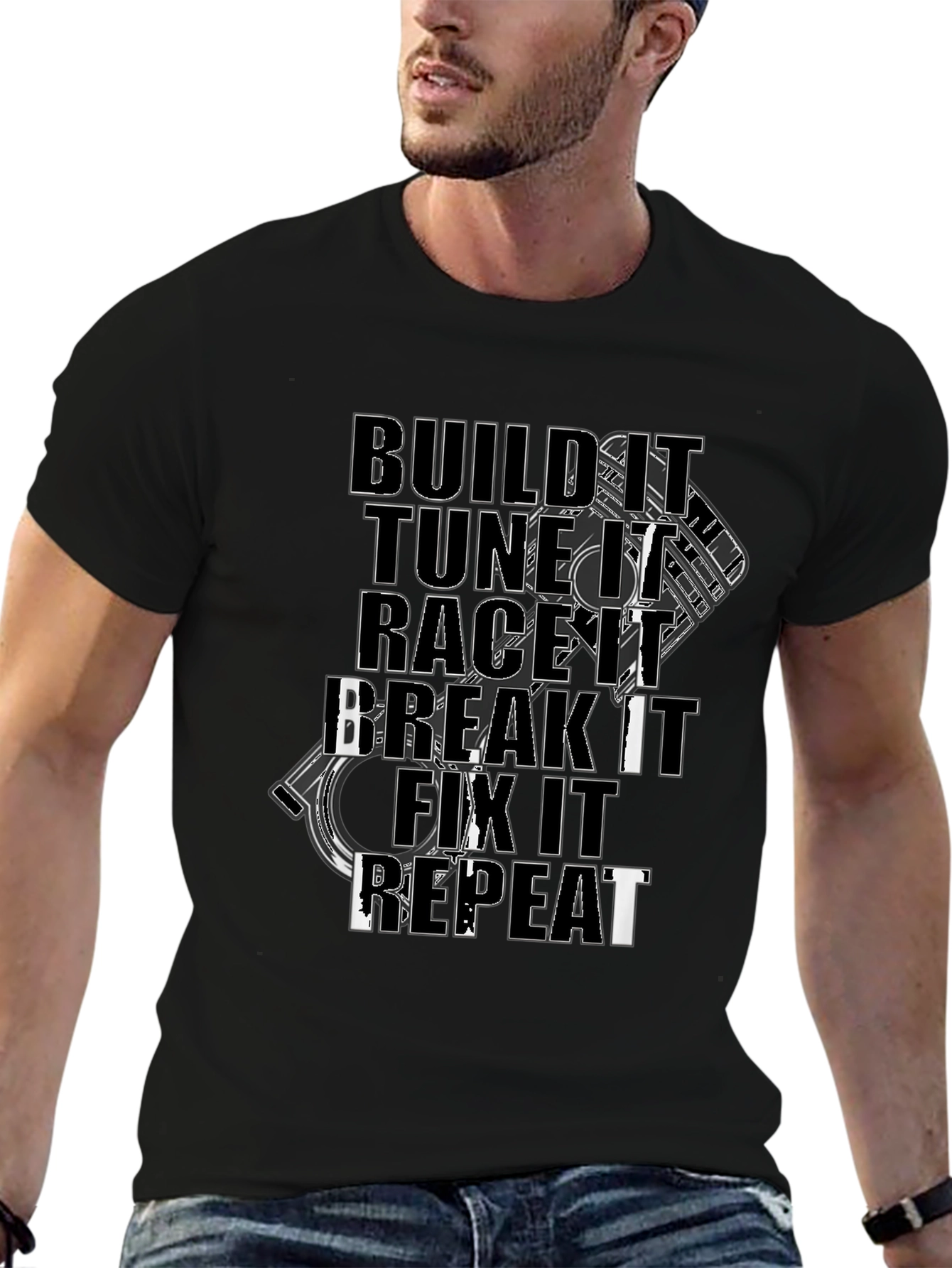 Build Tune Race Break Fix Repeat Black Graphic Tee
