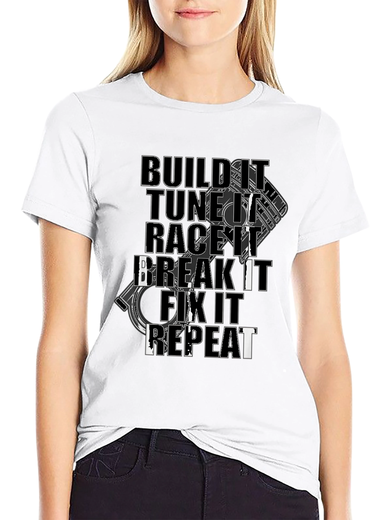 Build Tune Race Break Fix Repeat Black Graphic Tee