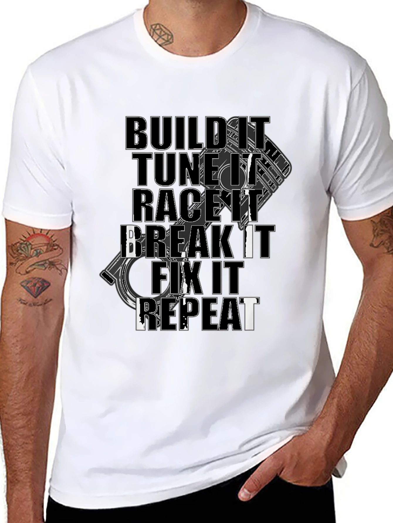 Build Tune Race Break Fix Repeat Black Graphic Tee