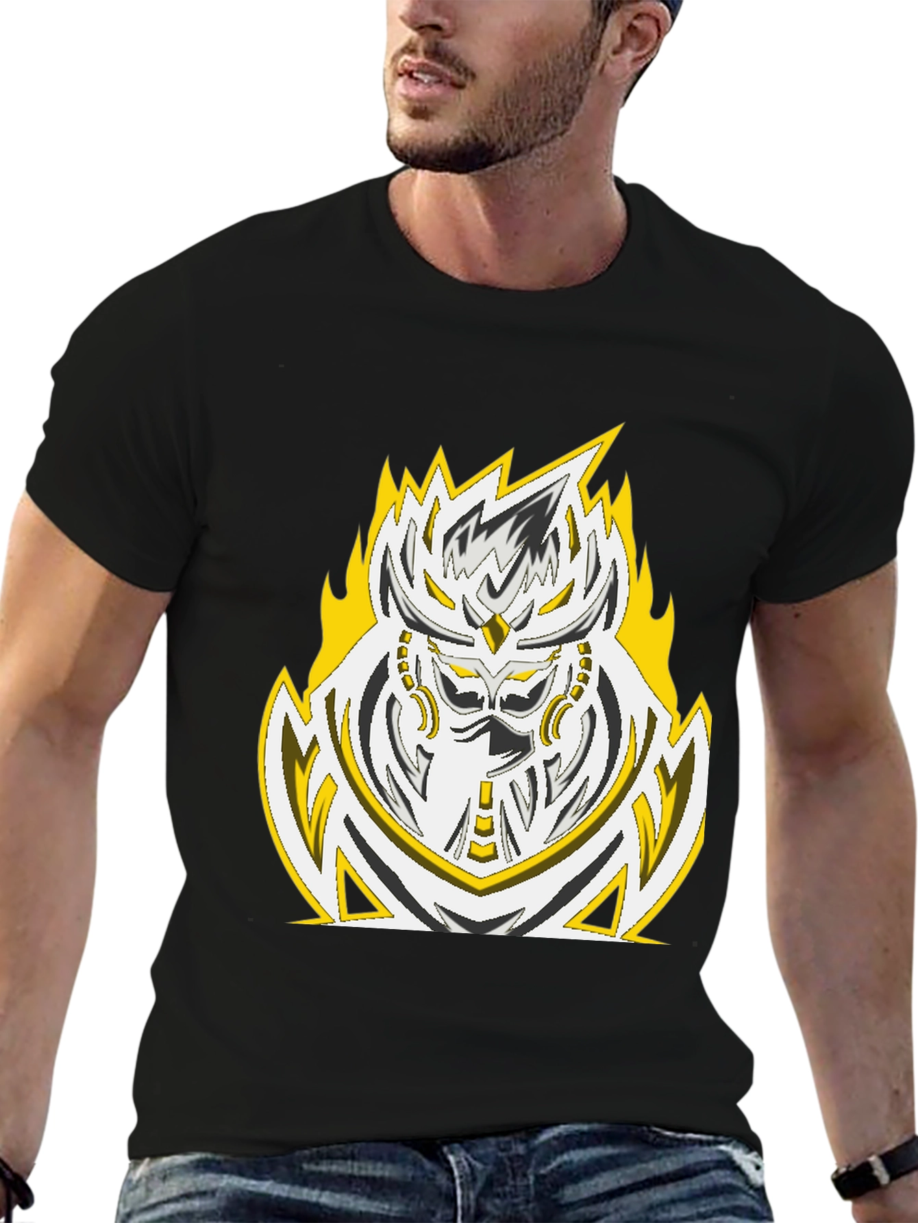 Fiery Warrior Graphic Tee - Black Cotton Blend