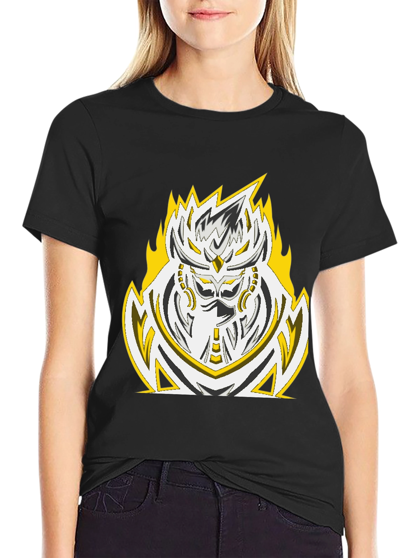 Fiery Warrior Graphic Tee - Black Cotton Blend