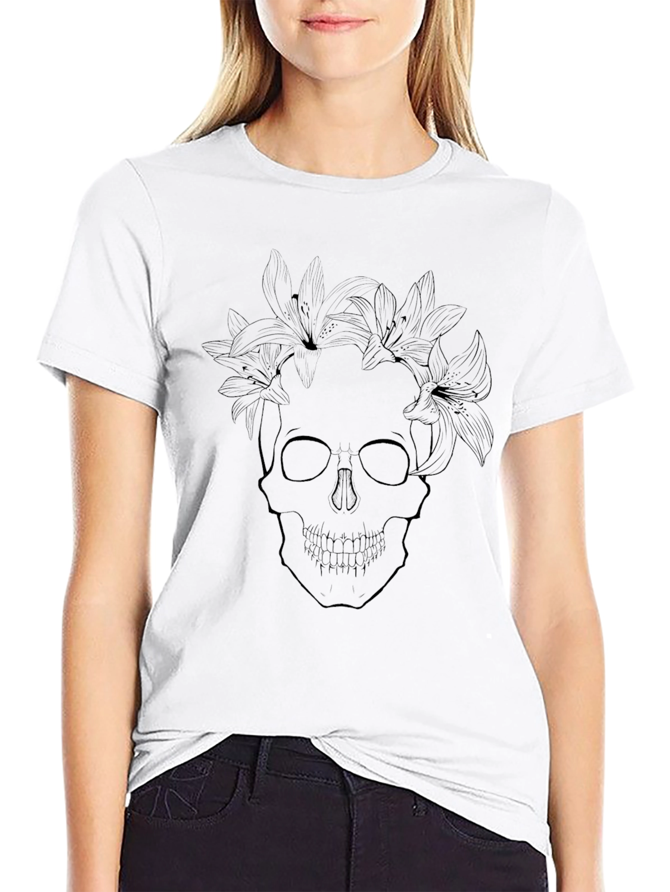 Floral Skull Graphic Tee - Stylish Black T-Shirt
