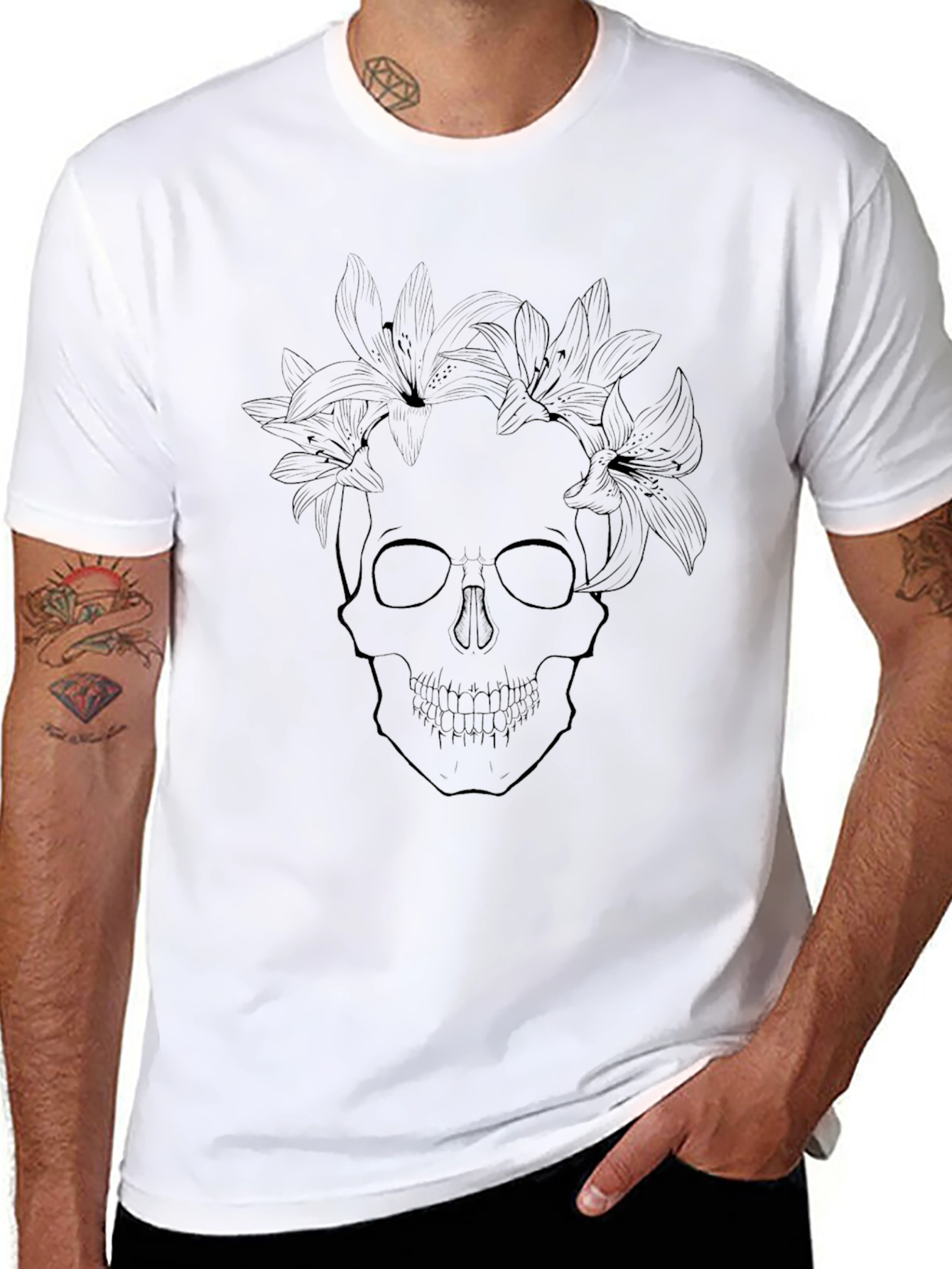 Floral Skull Graphic Tee - Stylish Black T-Shirt