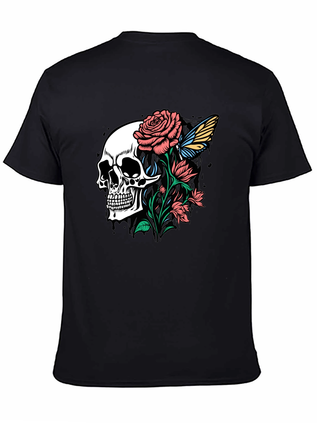 Skull and Roses Graphic Print Black T-Shirt